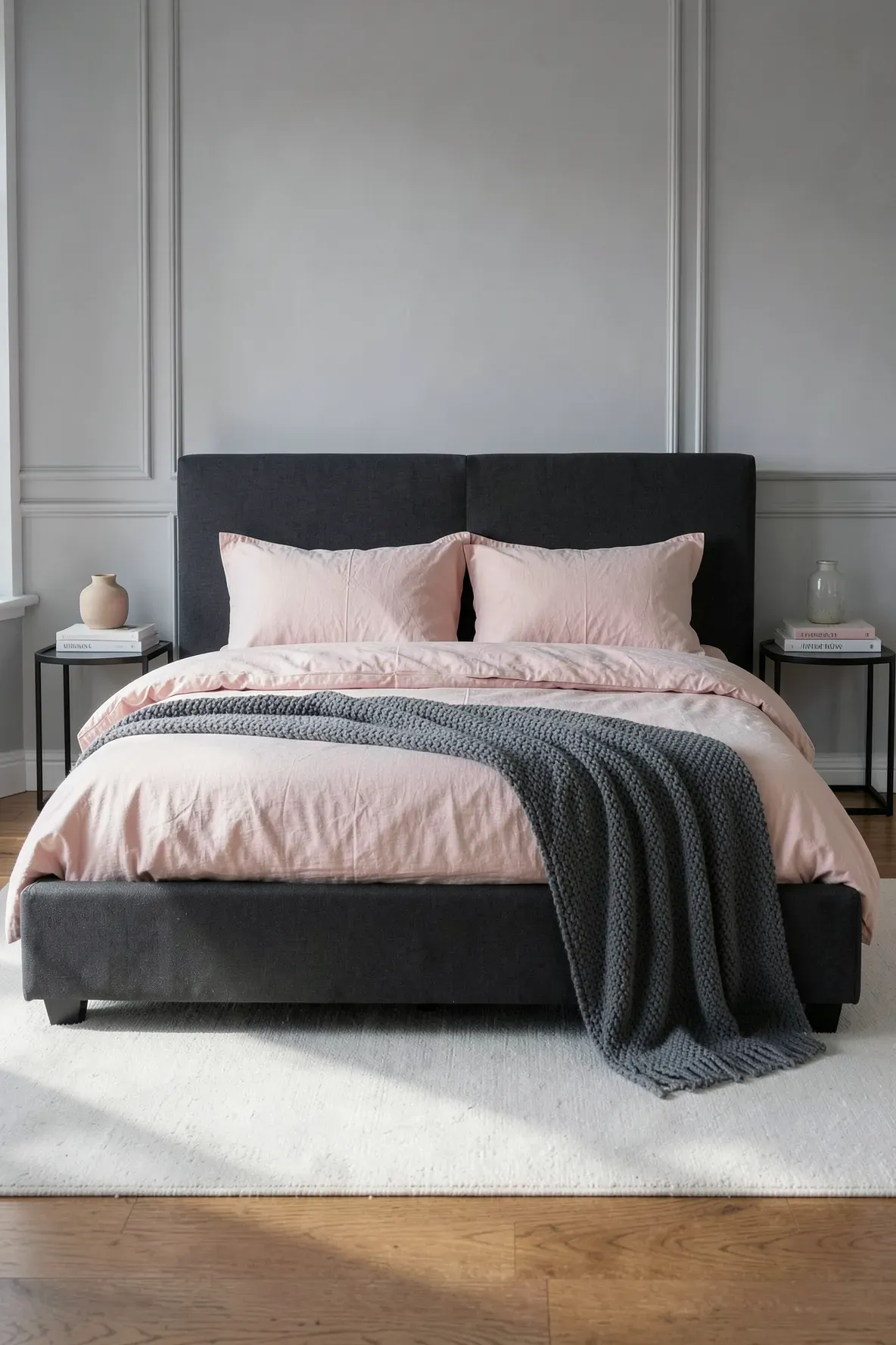 A charcoal grey bed frame with soft blush pink linen sheets and a grey knit throw.