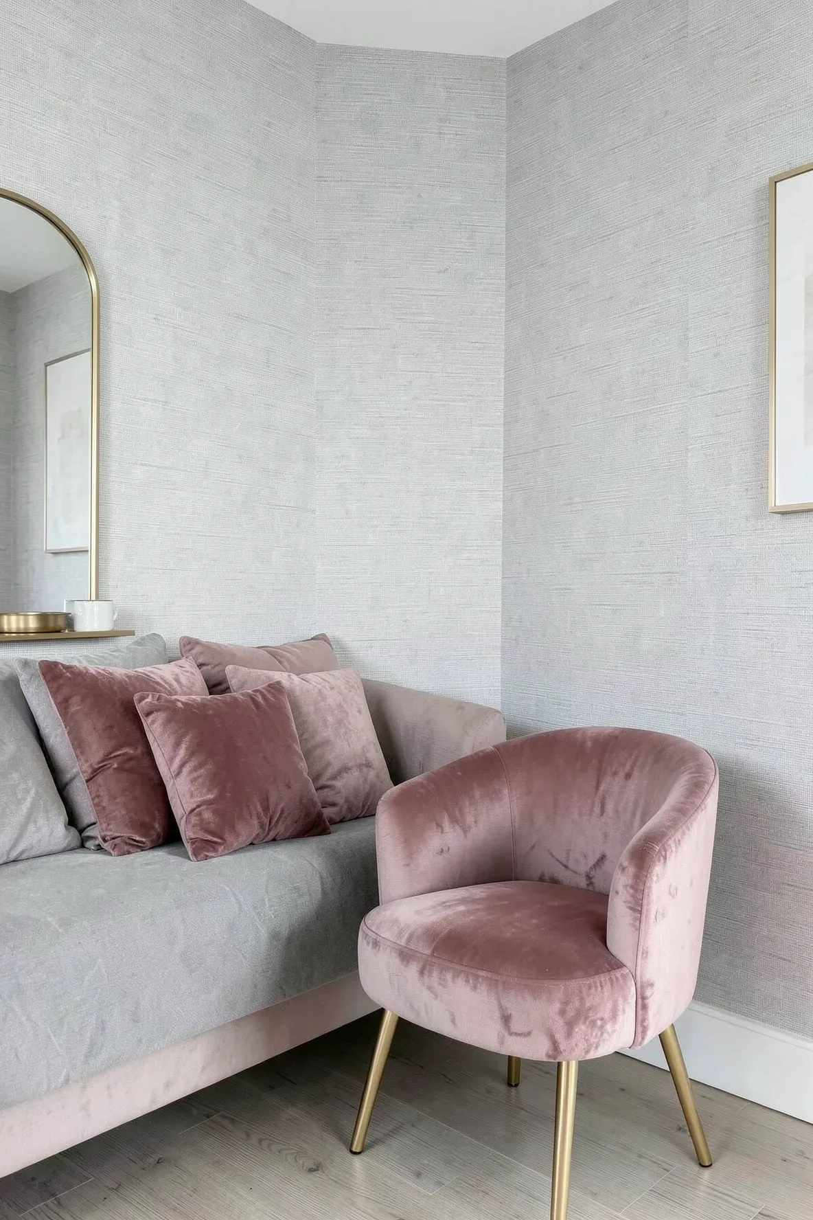 Light grey textured wallpaper behind a pink velvet chair and matching pillows.