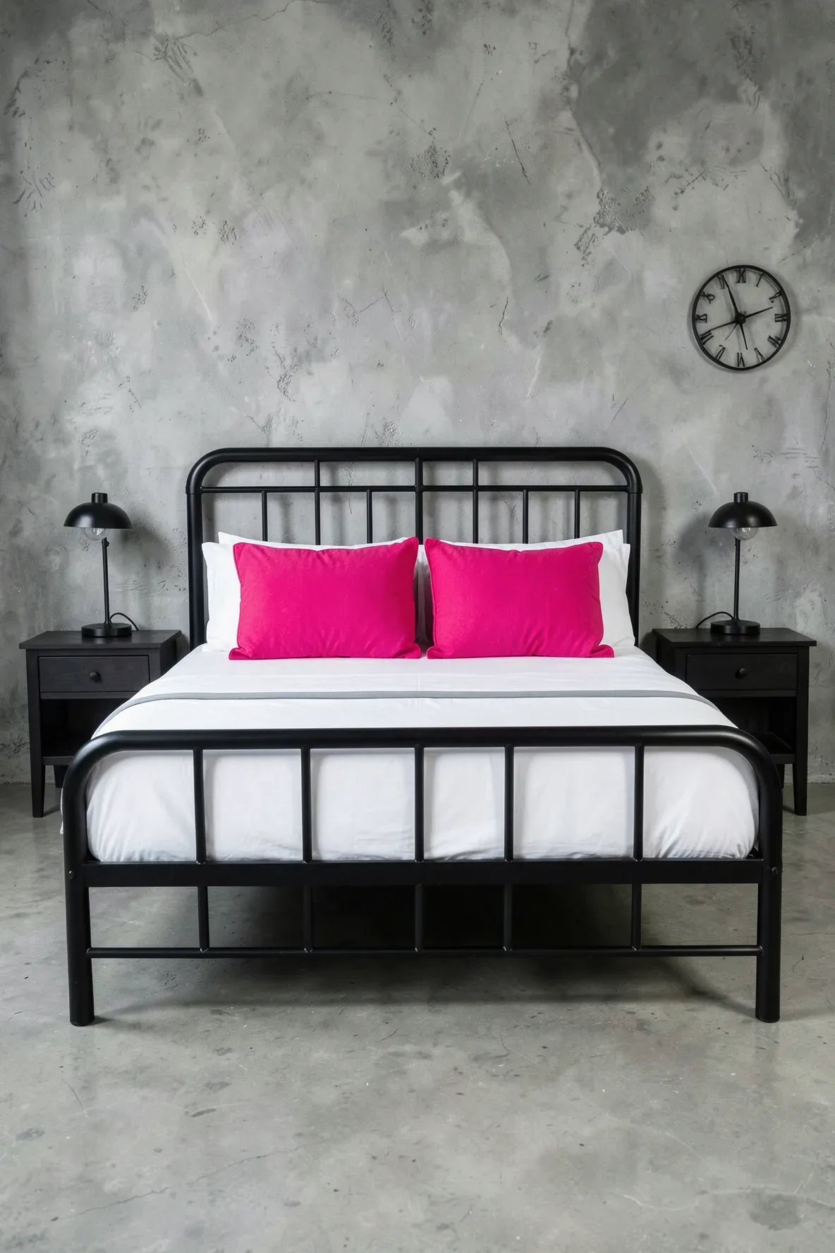 A matte black metal bed frame with bright hot pink pillows on white bedding.