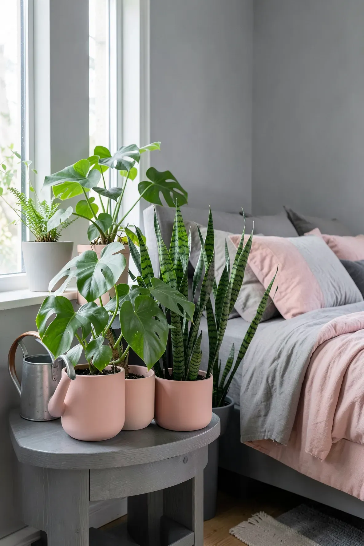 Green plants in pink ceramic pots on a grey bedside table in a bedroom.
