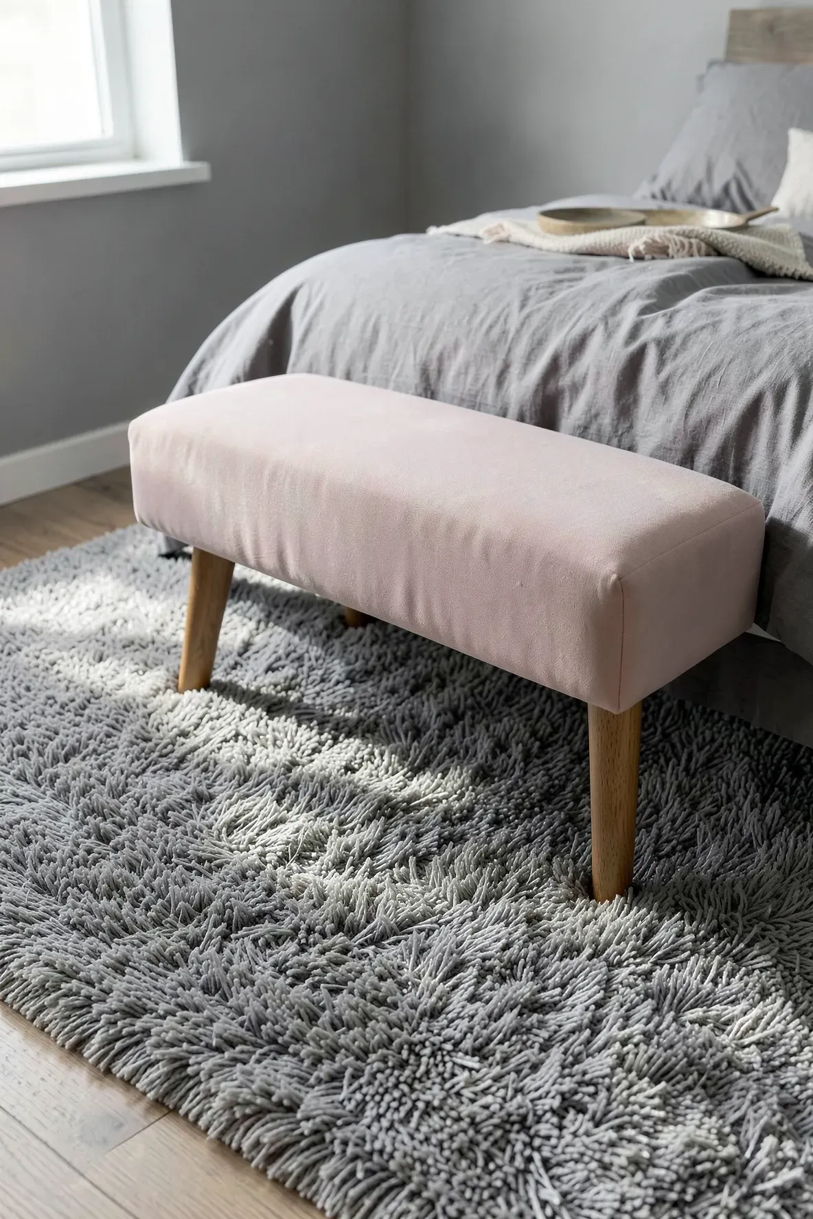 A soft pink bench sitting on a plush grey shag rug at the foot of a bed.