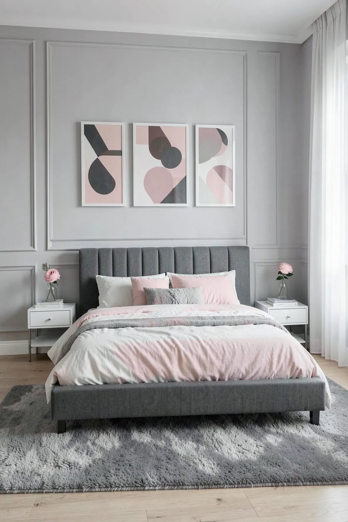 A modern bedroom with three geometric pink and grey art prints hanging above a charcoal bed.