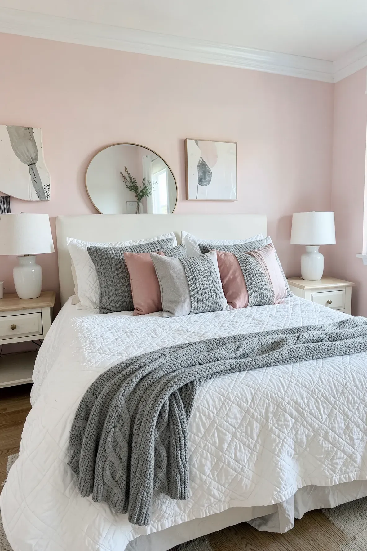 A white quilted bed with alternating pink silk and grey knit cushions in a bright room.