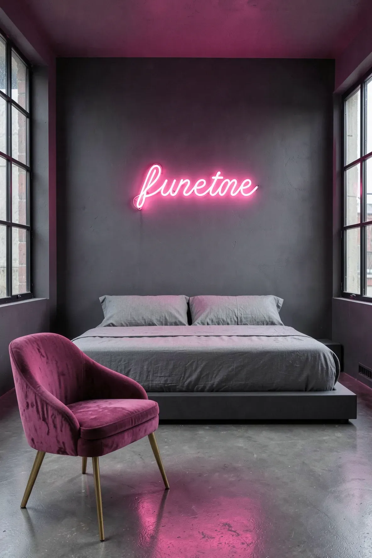 A dark charcoal bedroom wall featuring a glowing hot pink neon sign above a modern bed.
