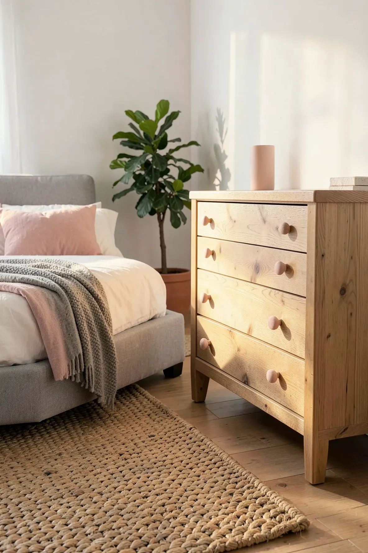 An oak dresser with blush pink fabric knobs in a sunlit grey and pink bedroom.