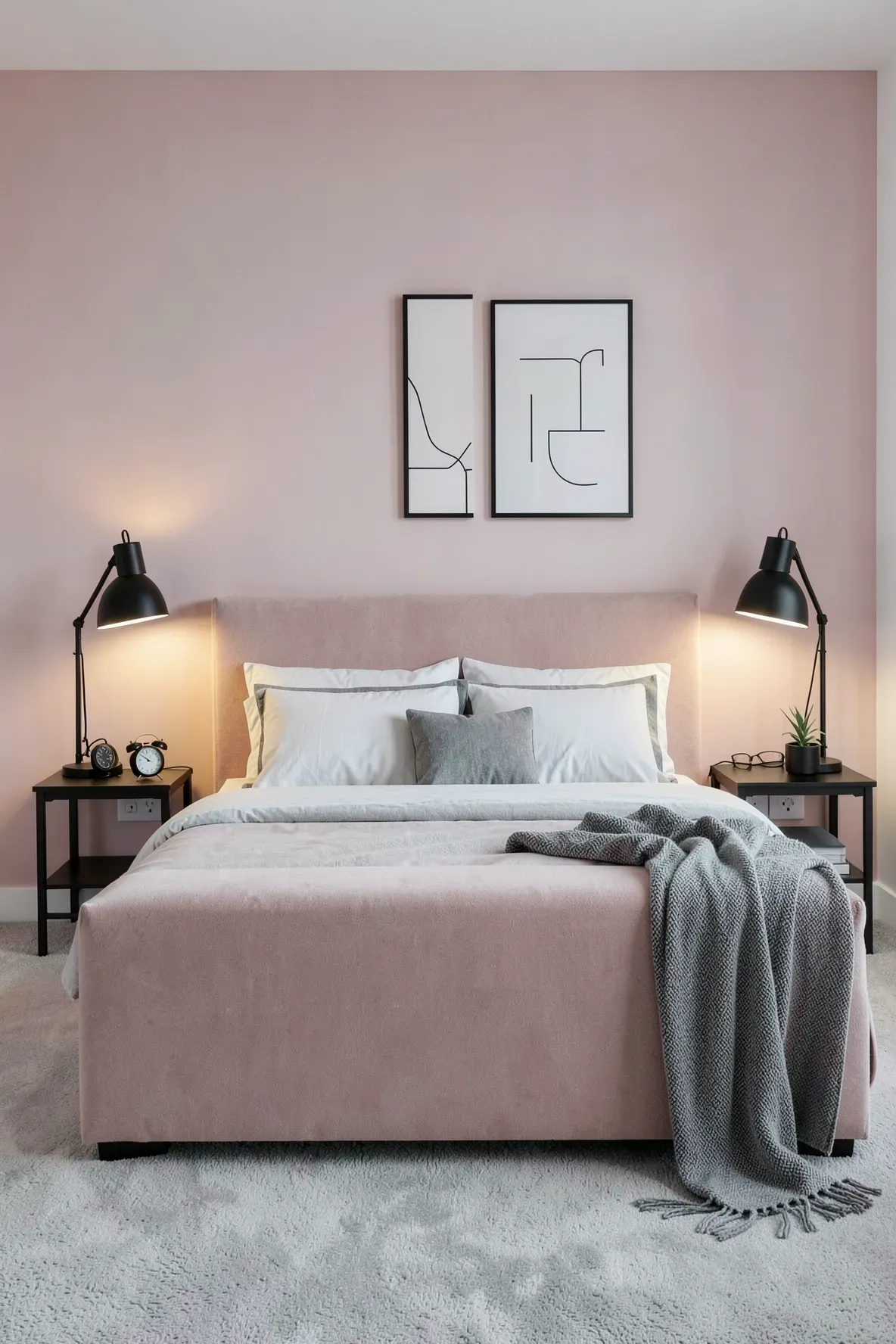 Modern matte black lamps flanking a blush pink bed in a contemporary bedroom.