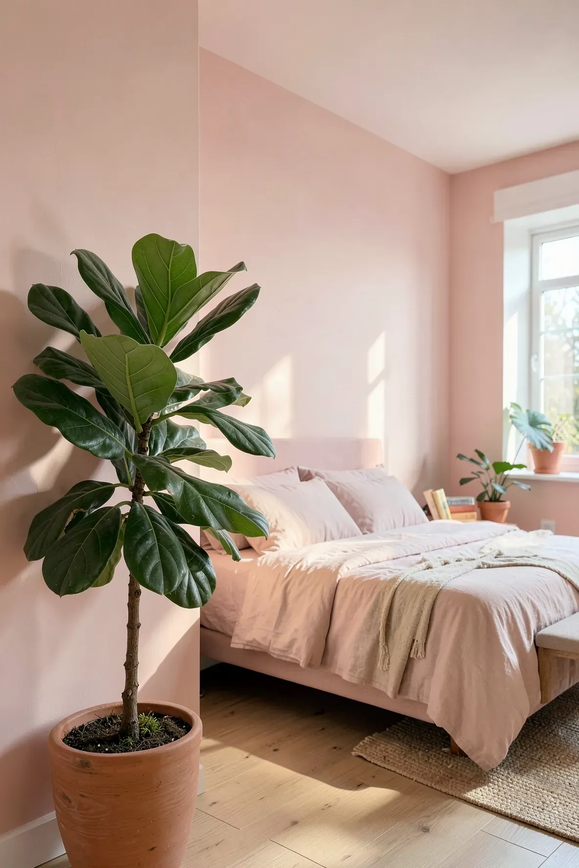 A lush green fiddle leaf fig plant standing against a soft blush pink bedroom wall.
