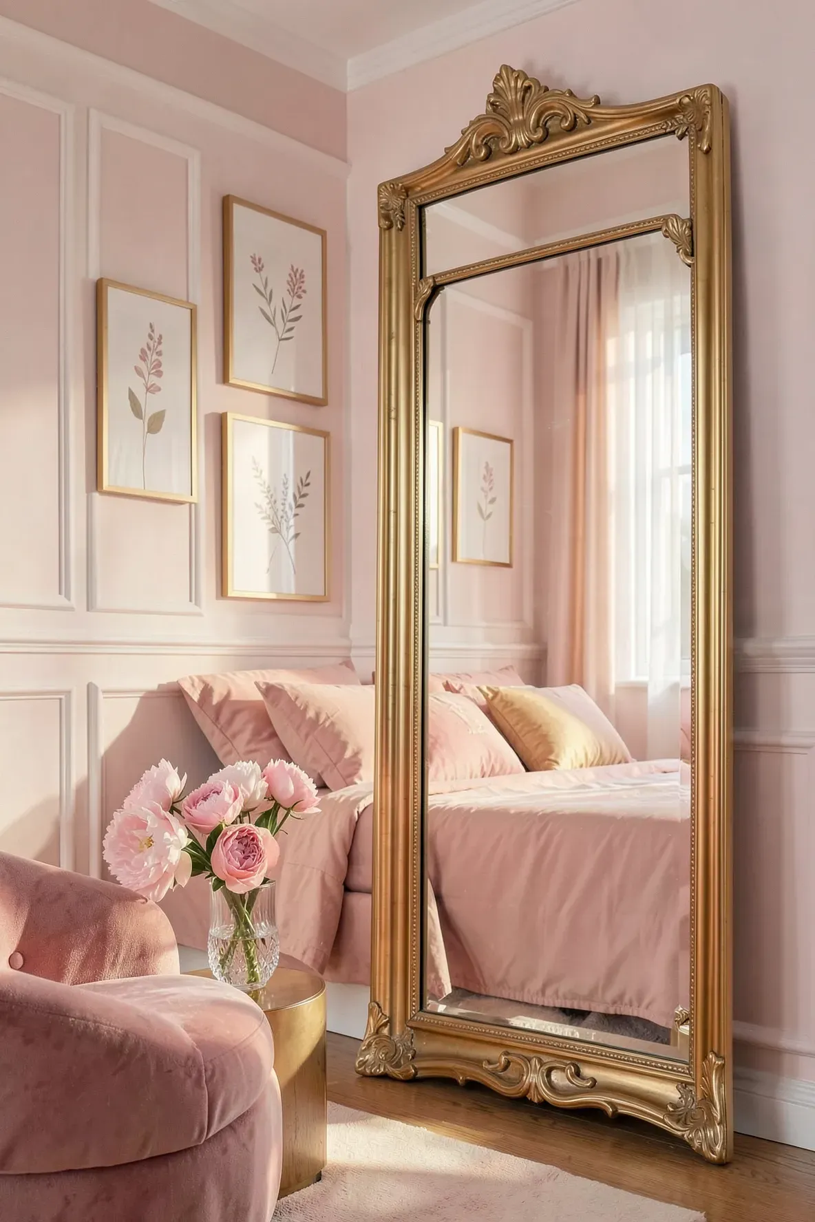 A luxurious bedroom with a large gold mirror and gold-framed art against pink walls.