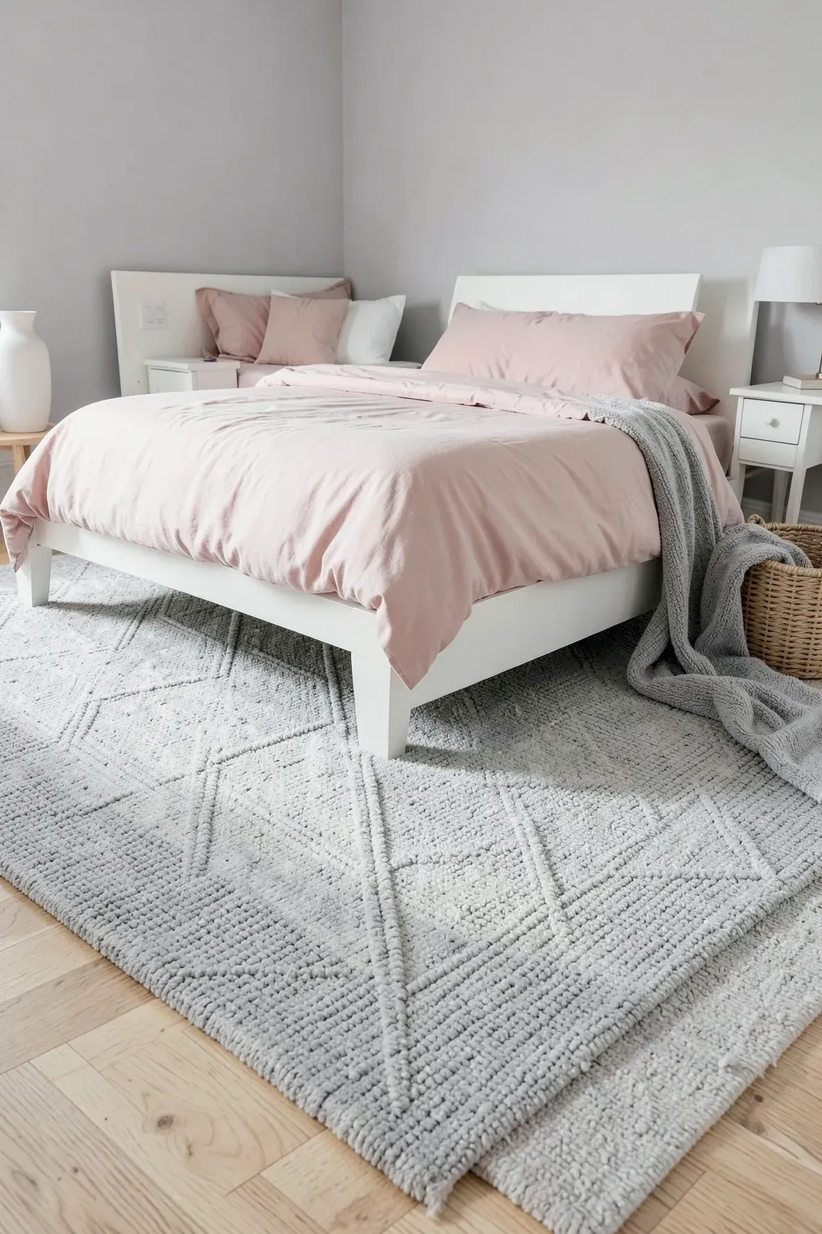 A light grey textured area rug under a blush pink bed in a serene bedroom.