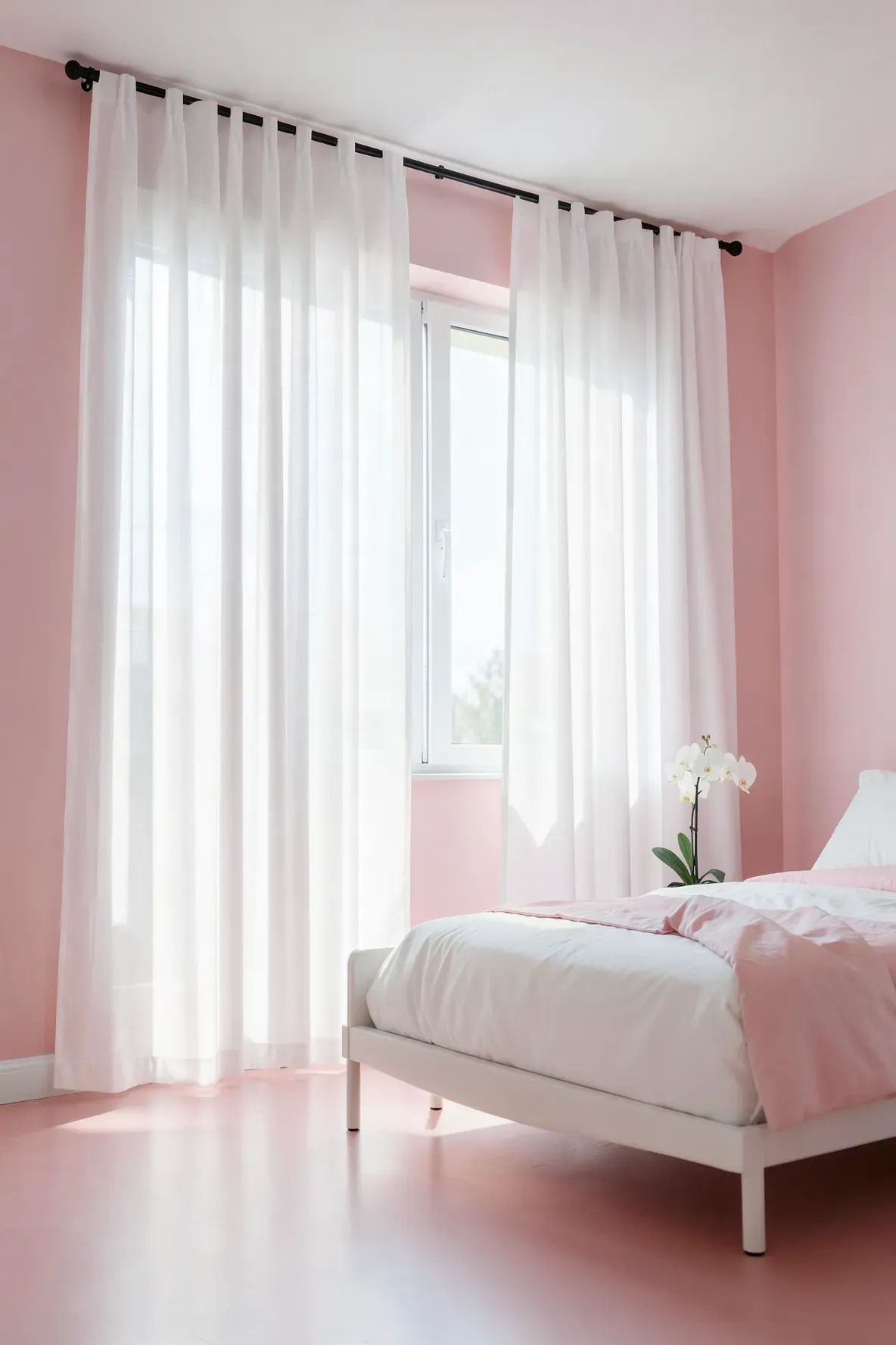 Floor-to-ceiling sheer white curtains filtering soft light into a blush pink bedroom.