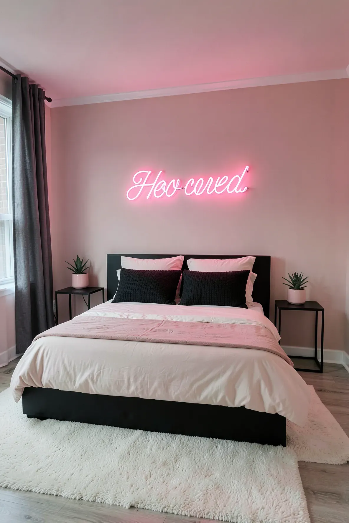 A glowing hot pink neon sign above a bed in a stylish blush pink and black bedroom.