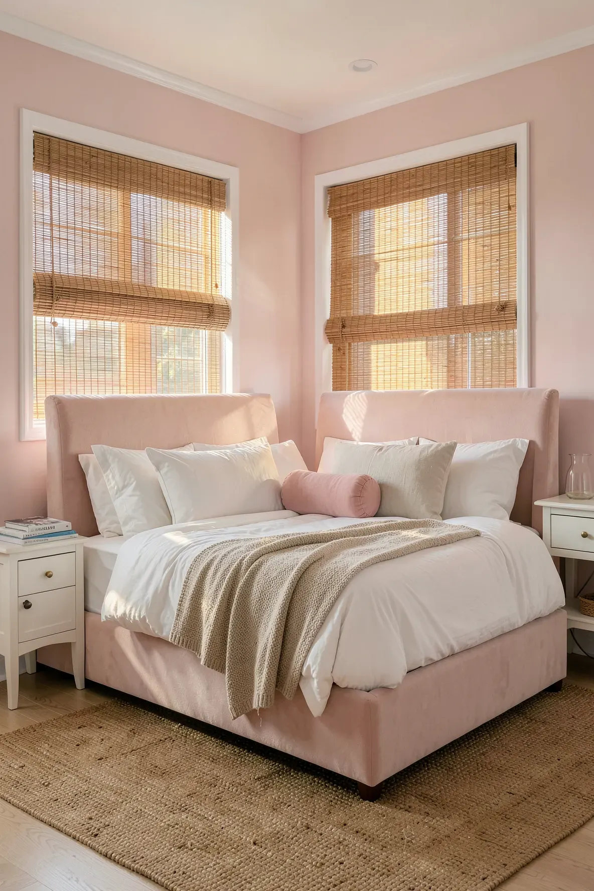 Natural bamboo blinds on a window in a soft blush pink bedroom with white furniture.