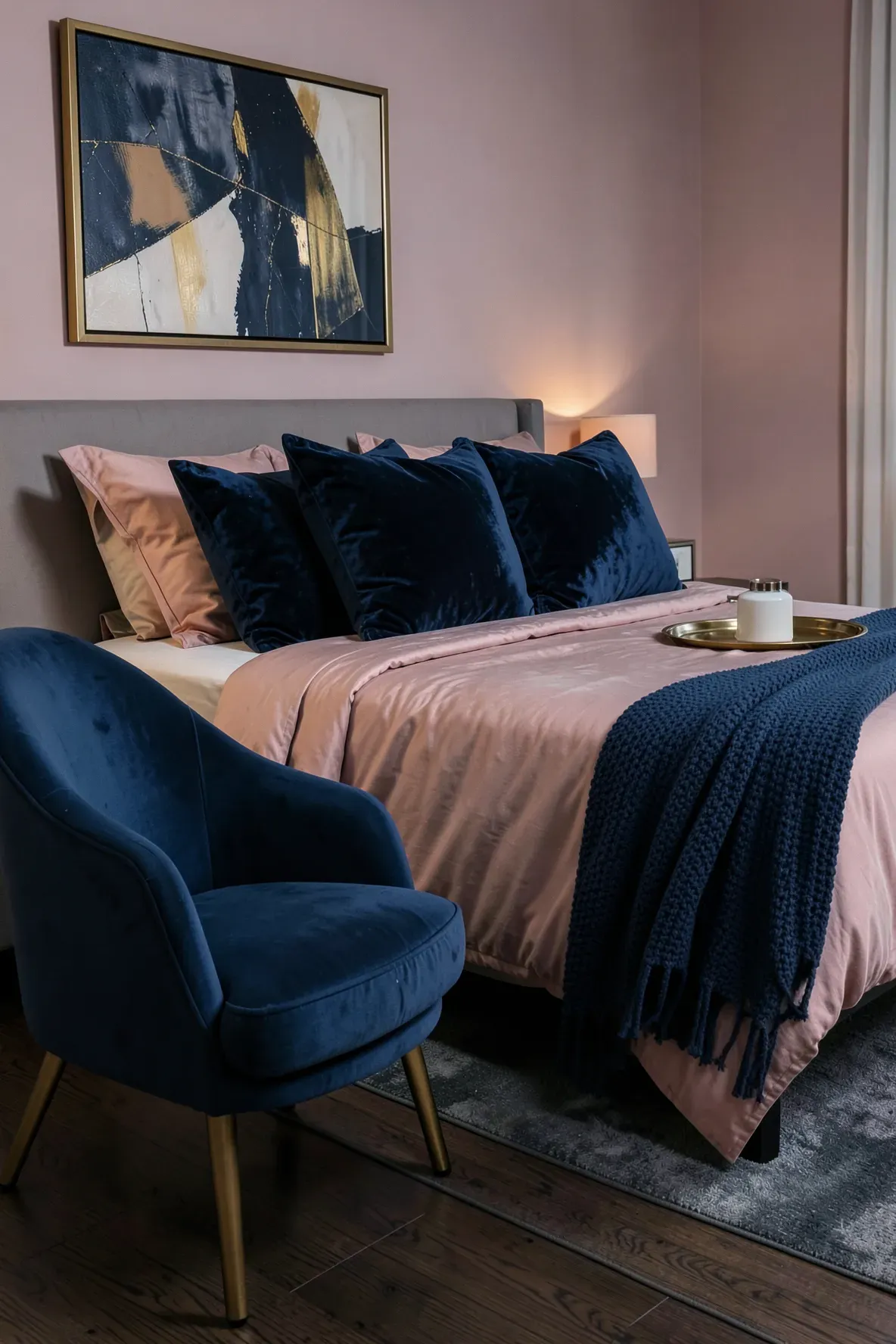 Navy blue velvet pillows on a blush pink bed in a sophisticated, moody bedroom.