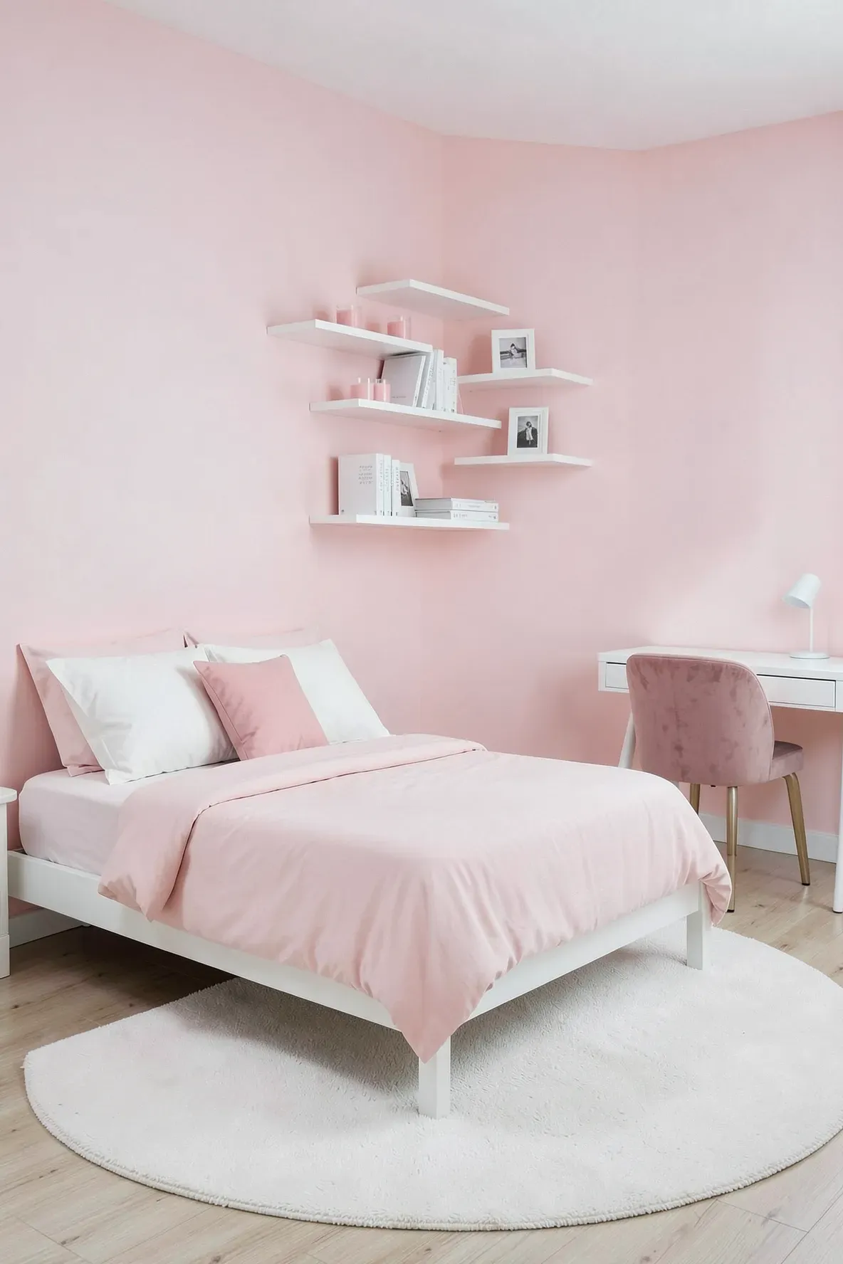 Minimalist white floating shelves with pink decor on a soft pink bedroom wall.