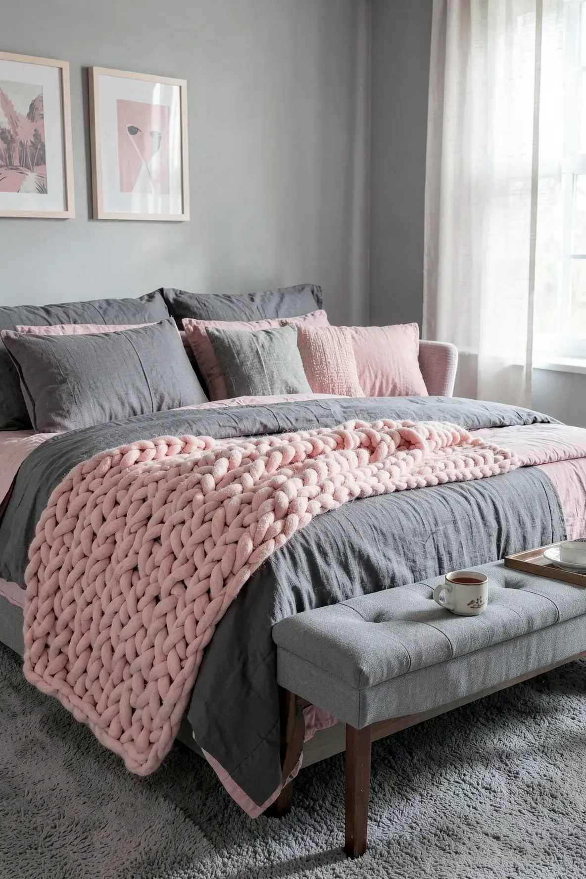 A thick chunky knit blush pink blanket draped over a grey bed in a cozy bedroom.