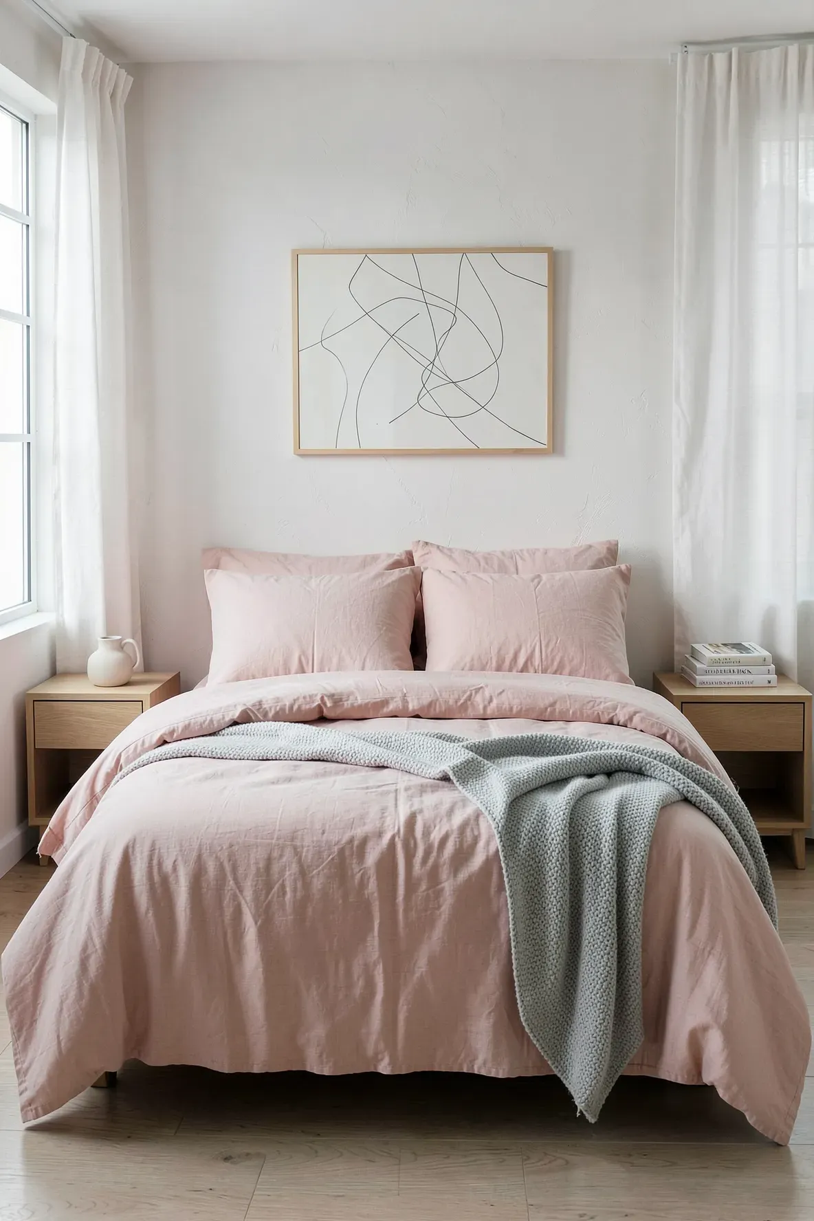 A stylish adult bedroom featuring soft blush pink linen bedding and neutral accents.