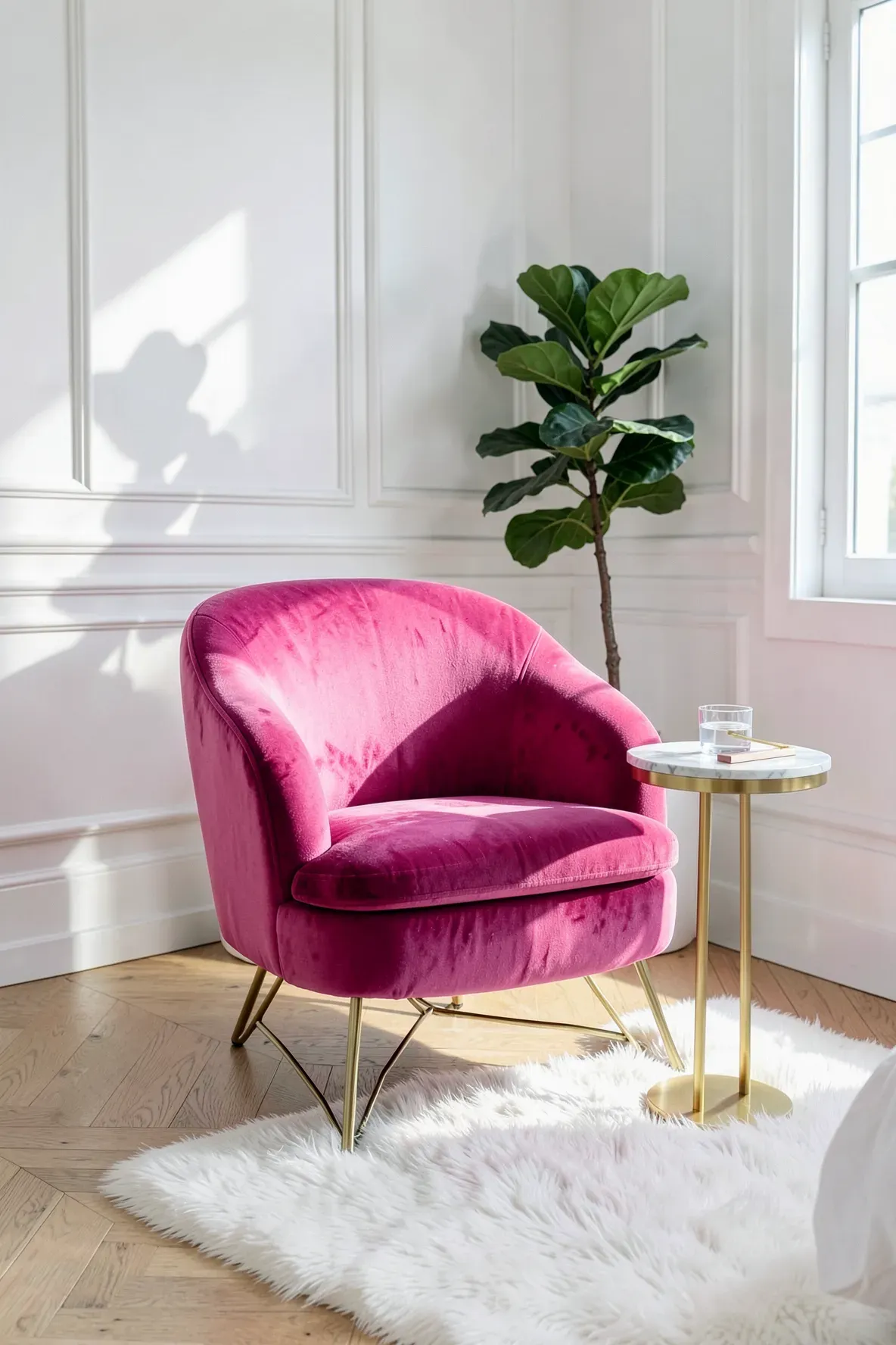 A hot pink velvet accent chair serves as a bold focal point in a modern white bedroom.
