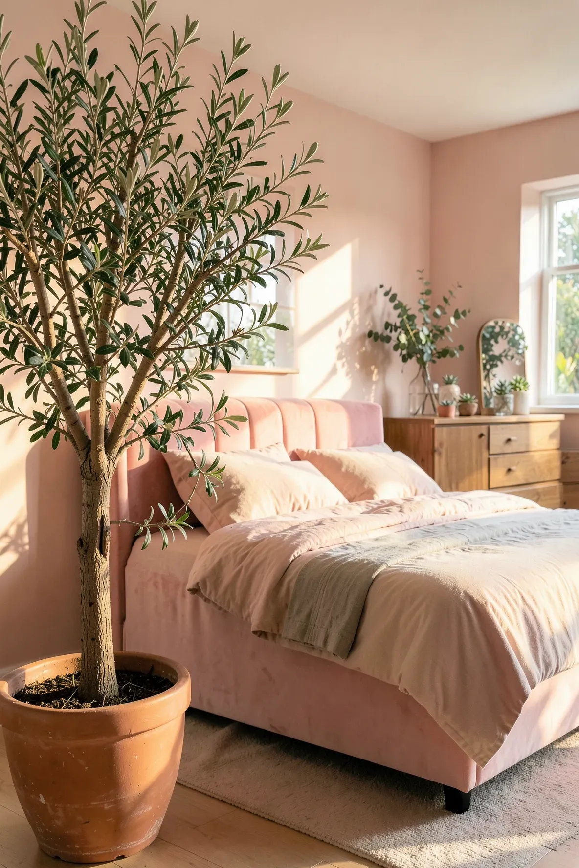 Sage green plants and an olive tree balance the rose tones of a stylish pink bedroom.