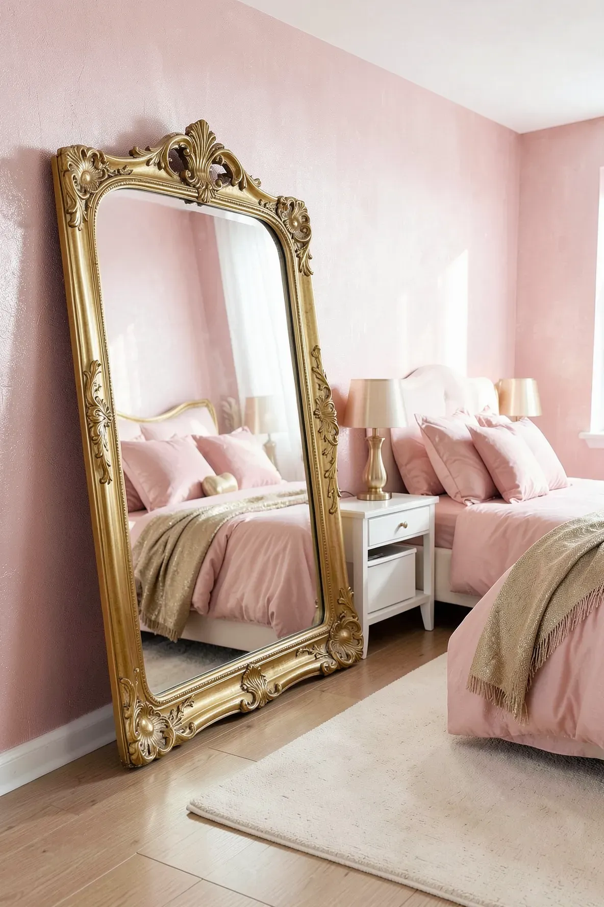 A large gold-framed mirror brightens and expands a small, elegant pink bedroom.