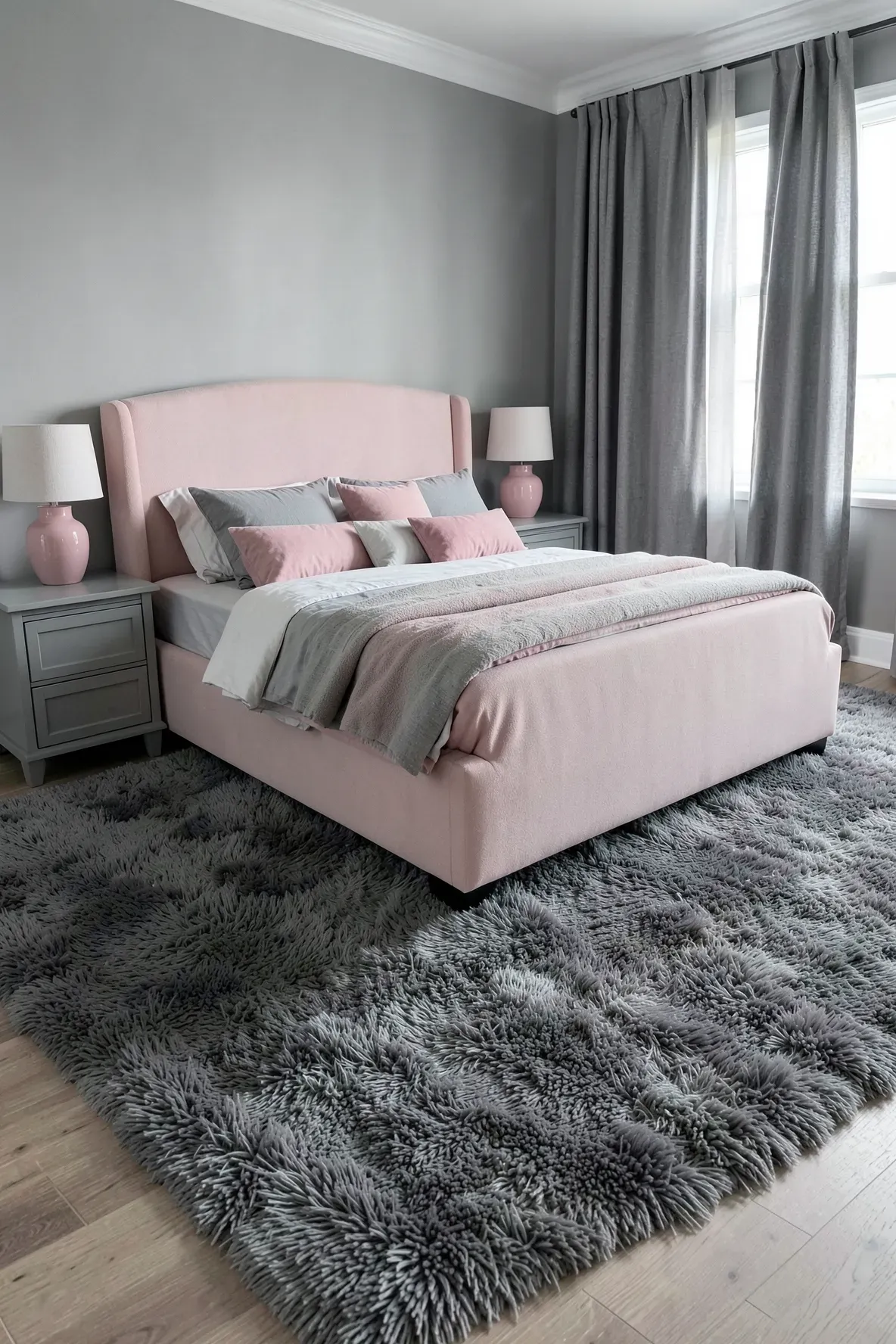 A plush grey area rug grounds a light pink bedroom, adding texture and balance.