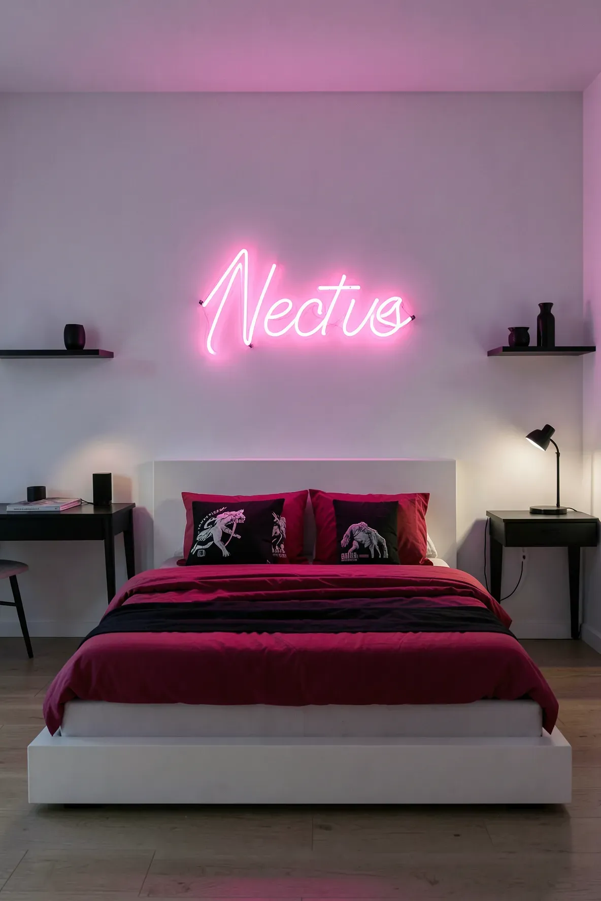 A glowing neon pink sign adds a modern and trendy touch to a white and pink bedroom.