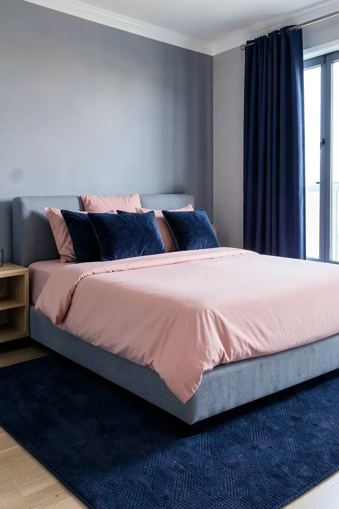 A stylish bedroom with dark navy throw pillows on a blush pink duvet and a navy rug.