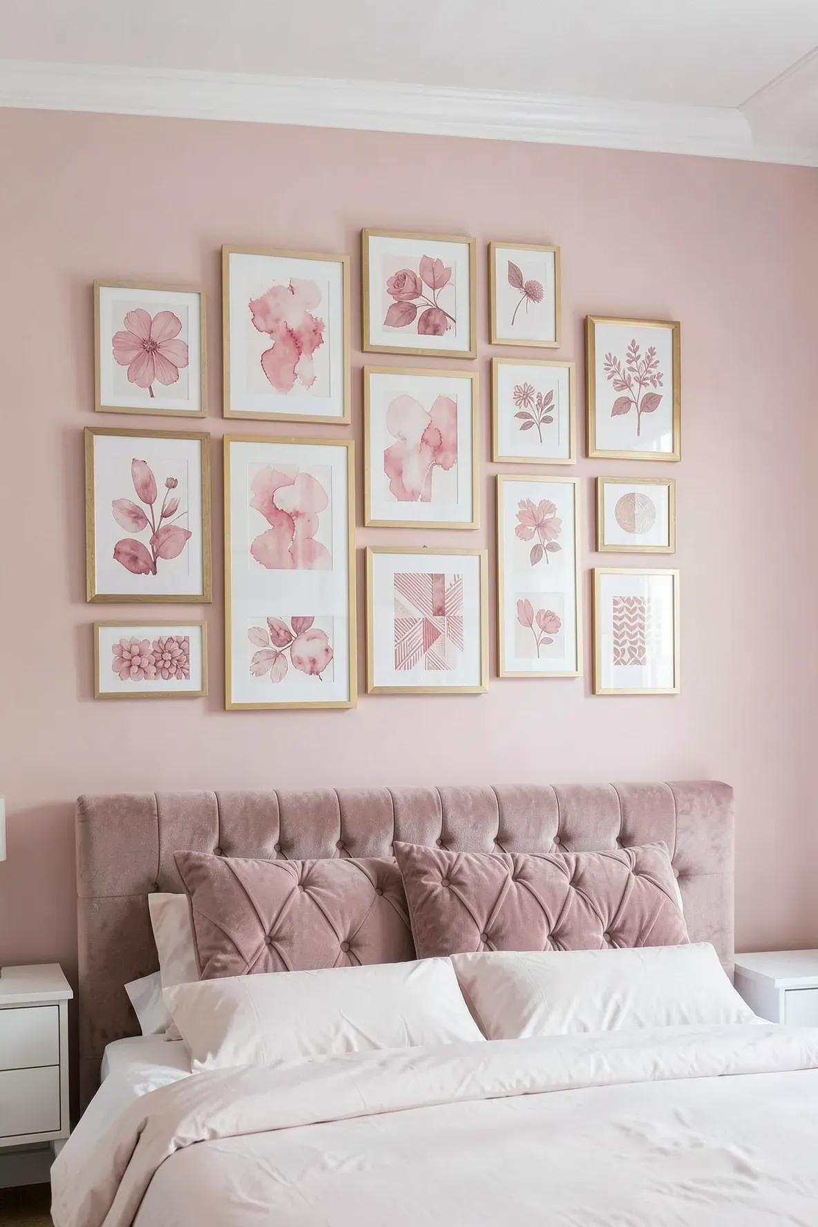 A gallery wall with various pink art prints in gold and white frames above a pink bed.