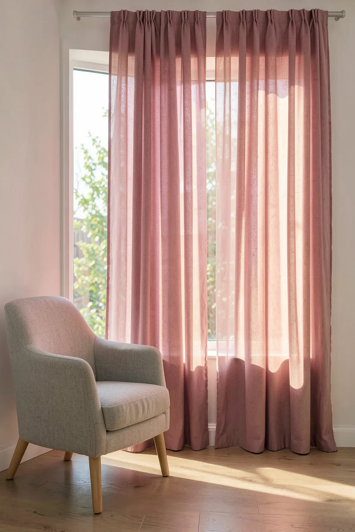 Dusty pink sheer curtains filtering soft sunlight into a bright, modern bedroom.