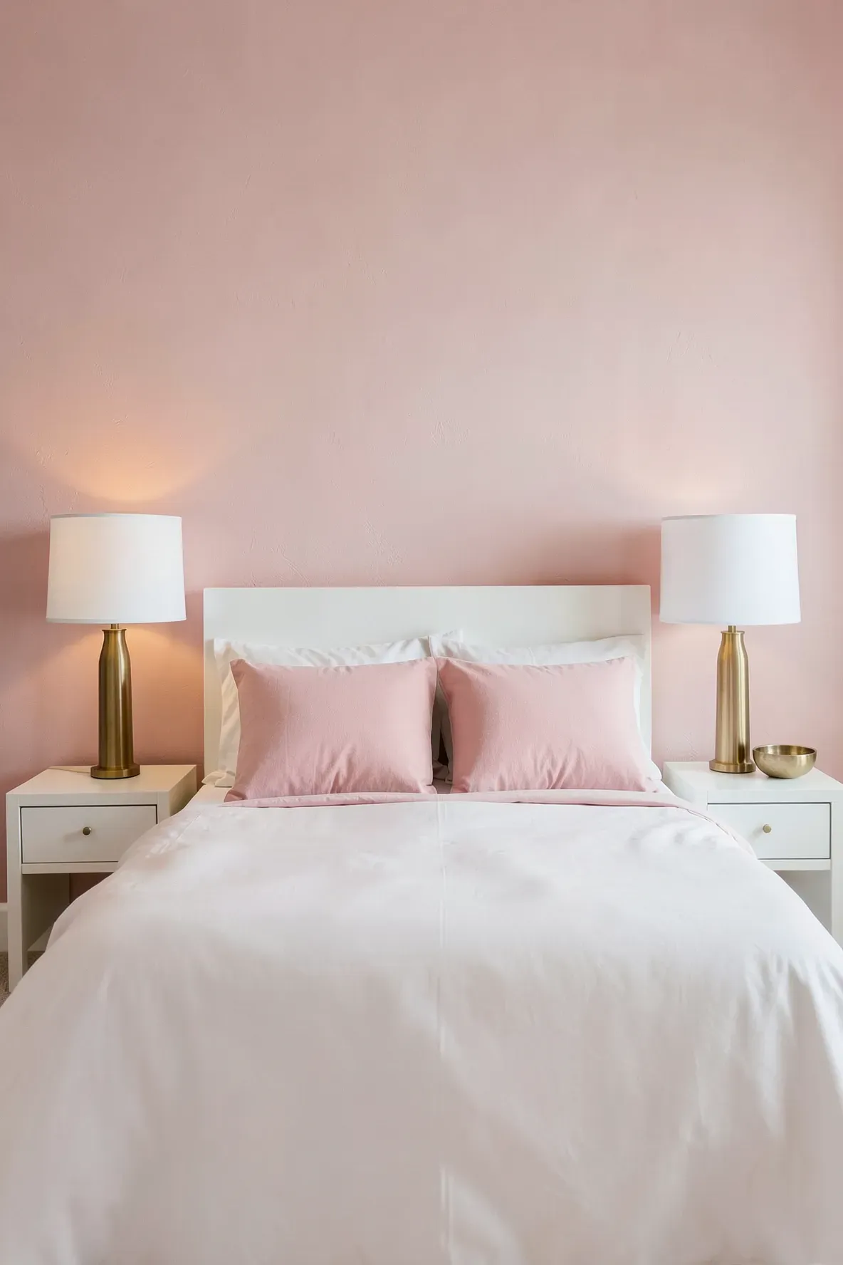 Elegant brass bedside lamps on white nightstands against a blush pink wall.