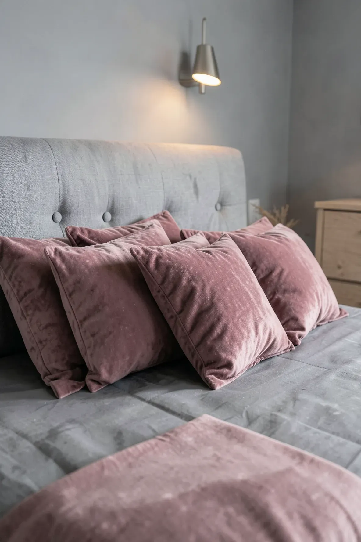 Dusty pink velvet pillows arranged on a grey bed in a modern, calm bedroom.
