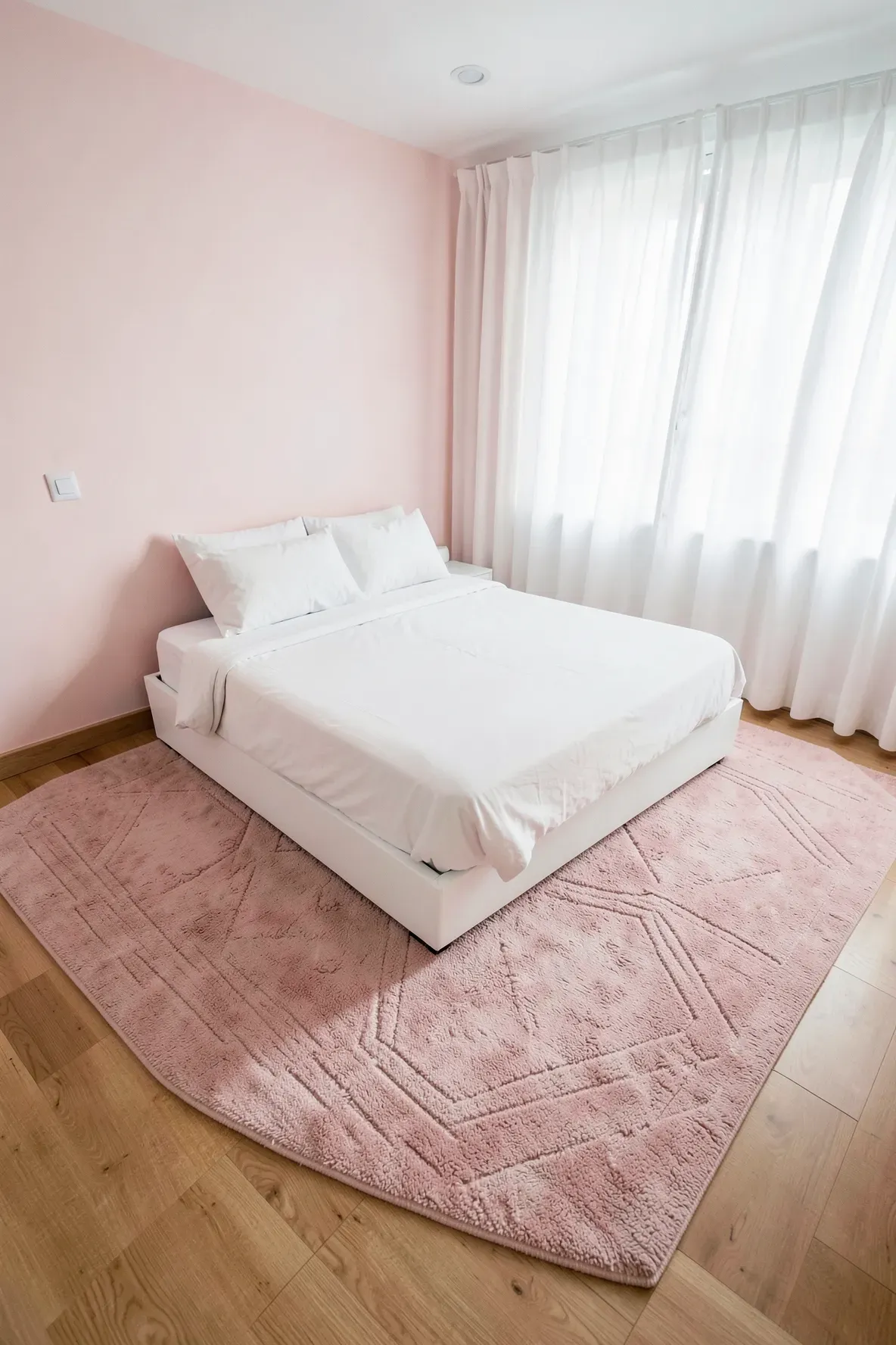 A light rose textured area rug under a white bed in a small, bright bedroom.