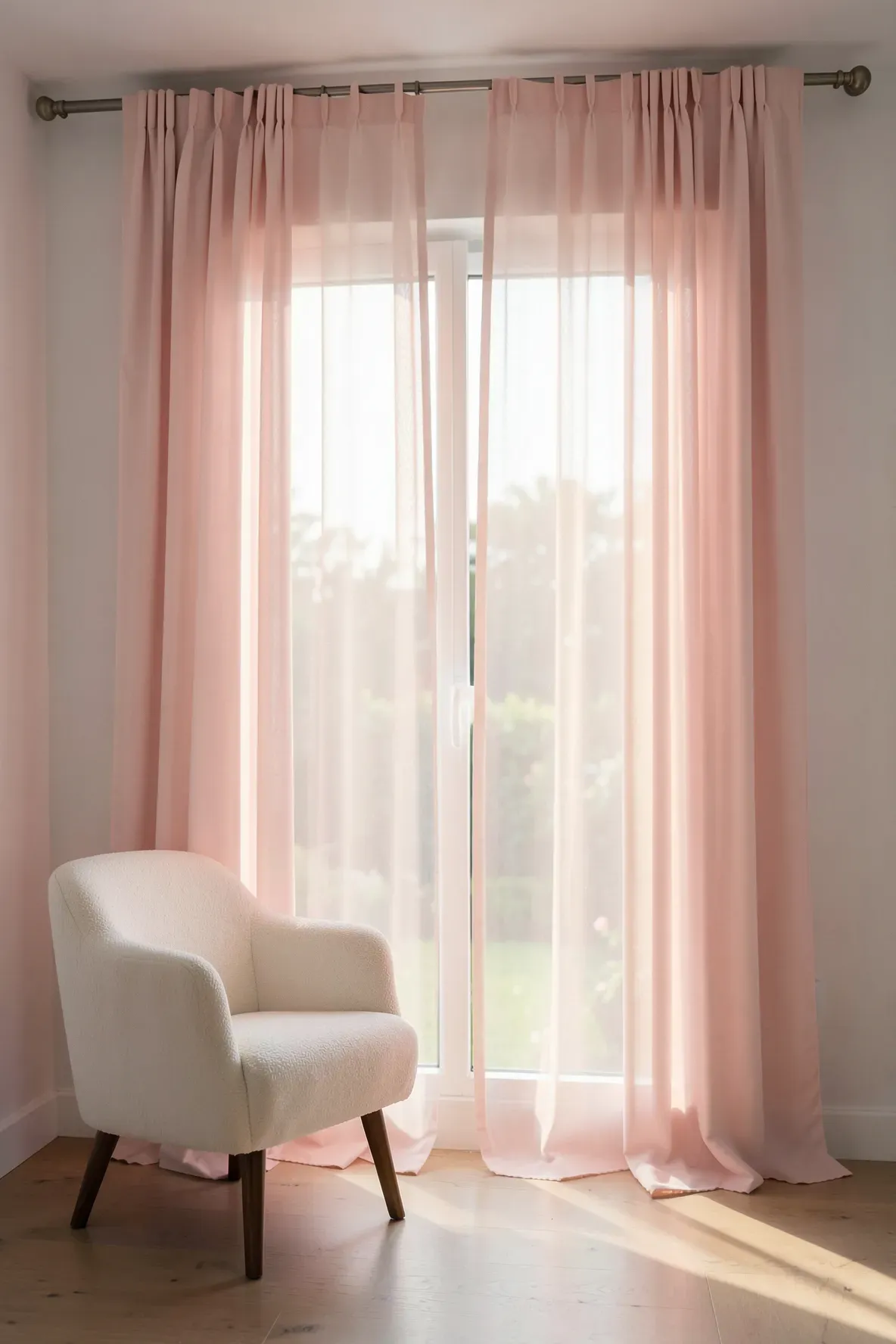 Sheer pale pink curtains filtering warm sunlight into a bright, airy bedroom.