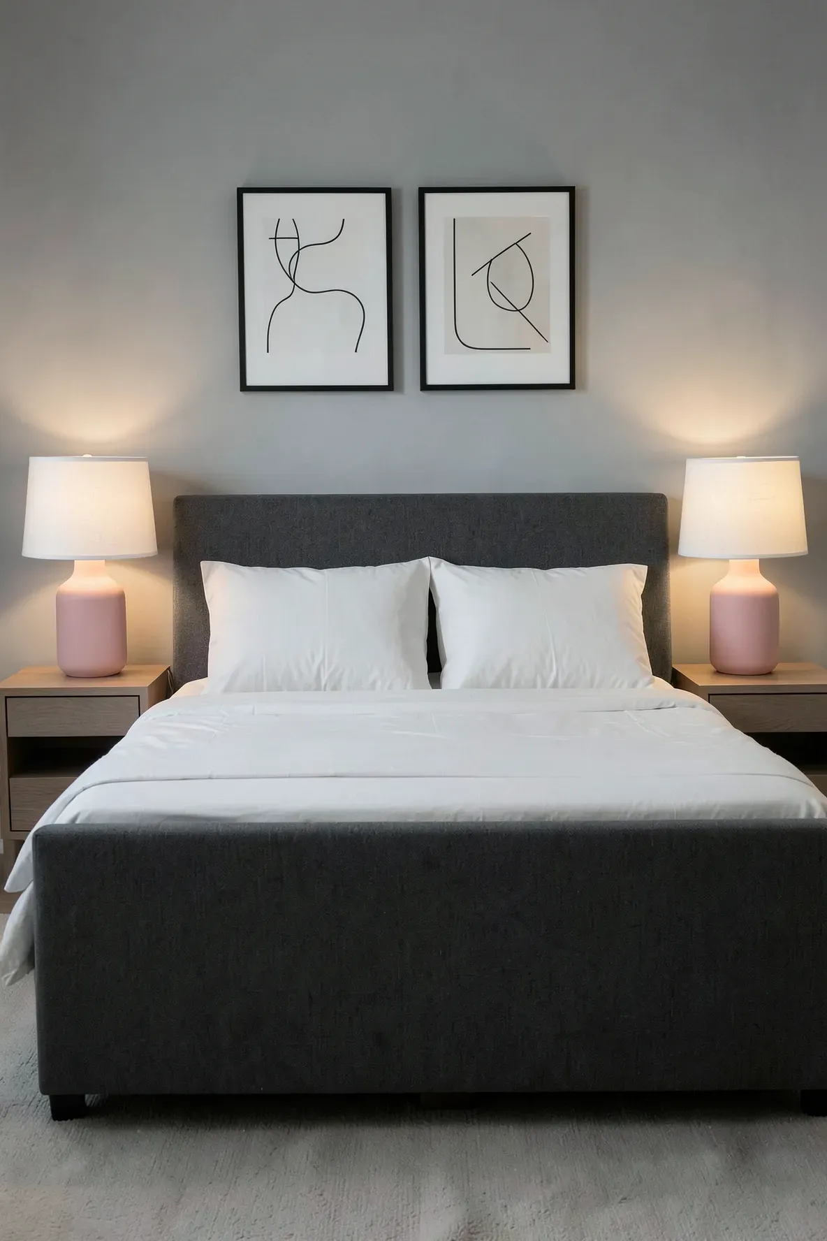 Two matte soft pink ceramic lamps on nightstands flanking a grey bed.