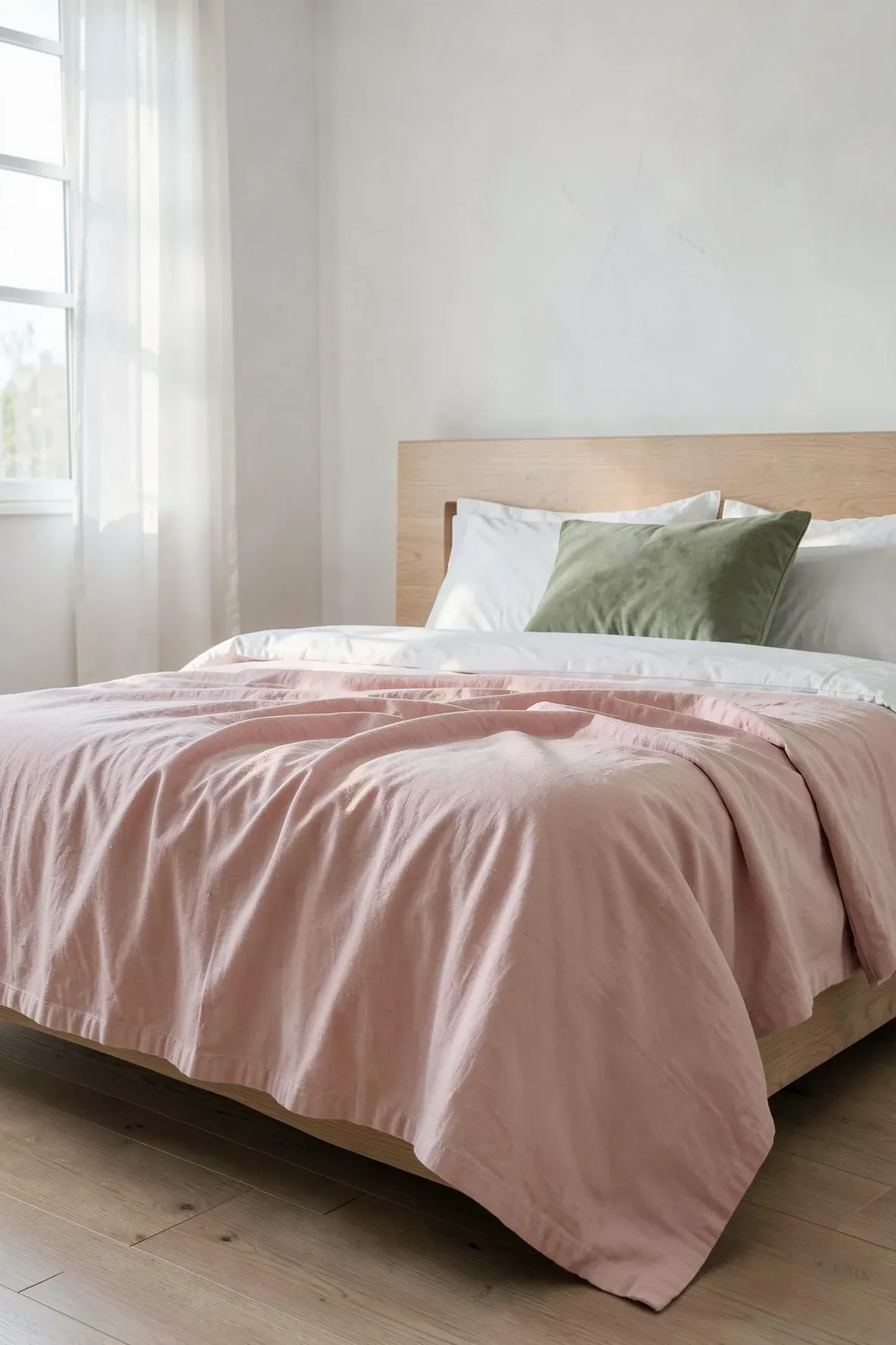 A cozy bedroom featuring a washed pink cotton quilt layered over white sheets on a modern wooden bed.