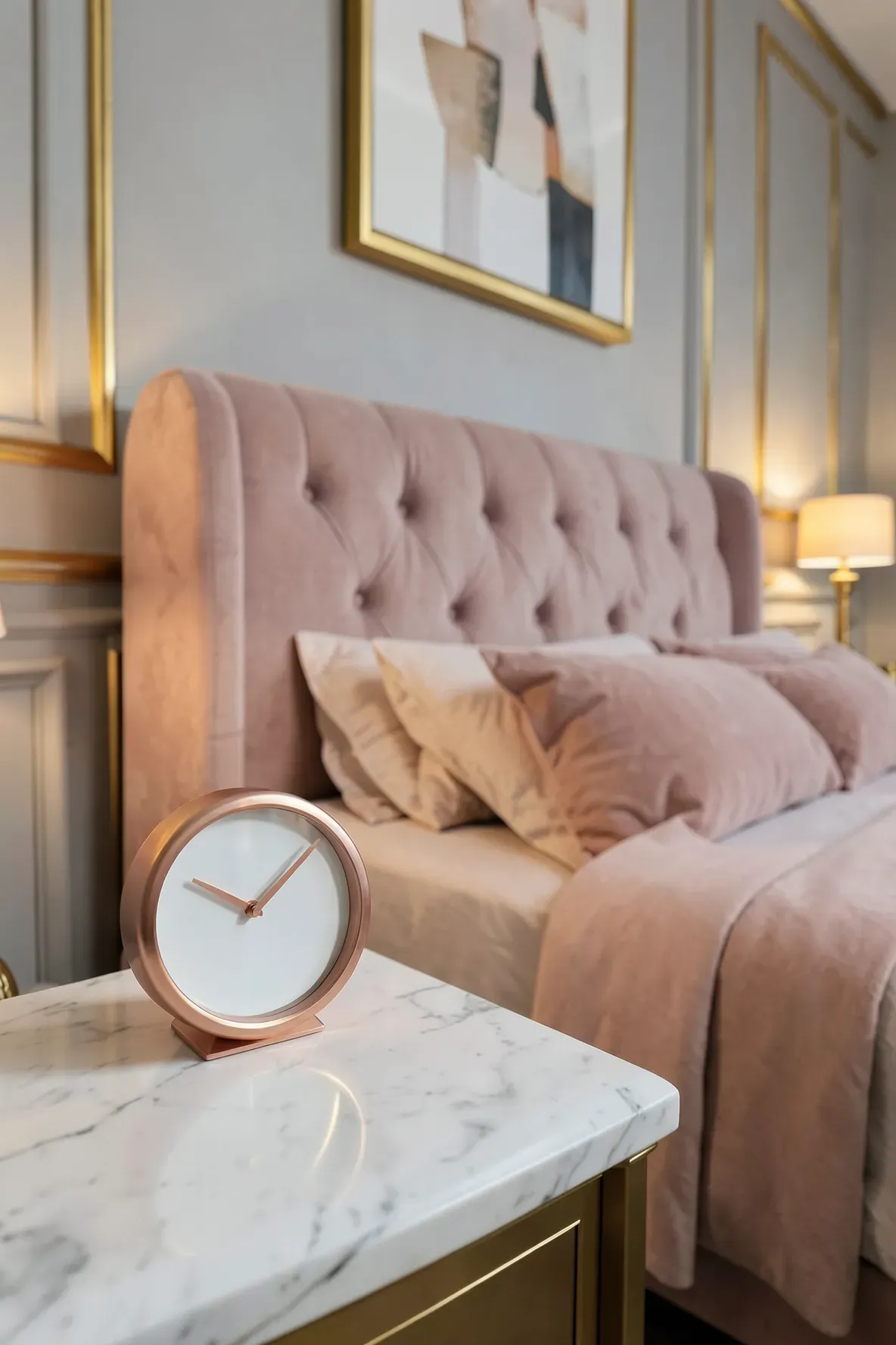A minimalist rose gold clock sits on a marble nightstand in a luxurious blush pink and gold bedroom.
