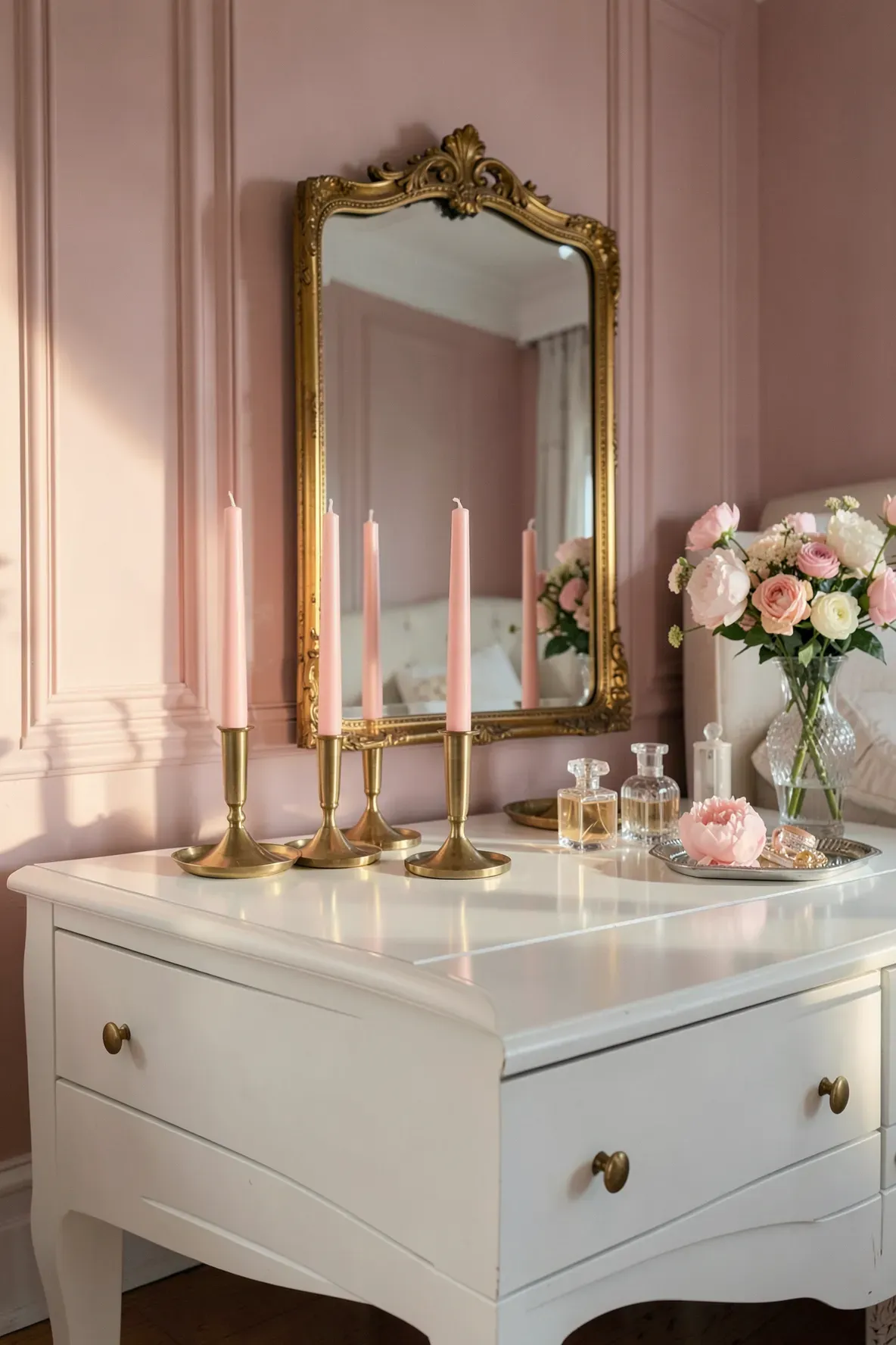 Elegant light pink taper candles in brass holders on a white dresser in a calm bedroom.