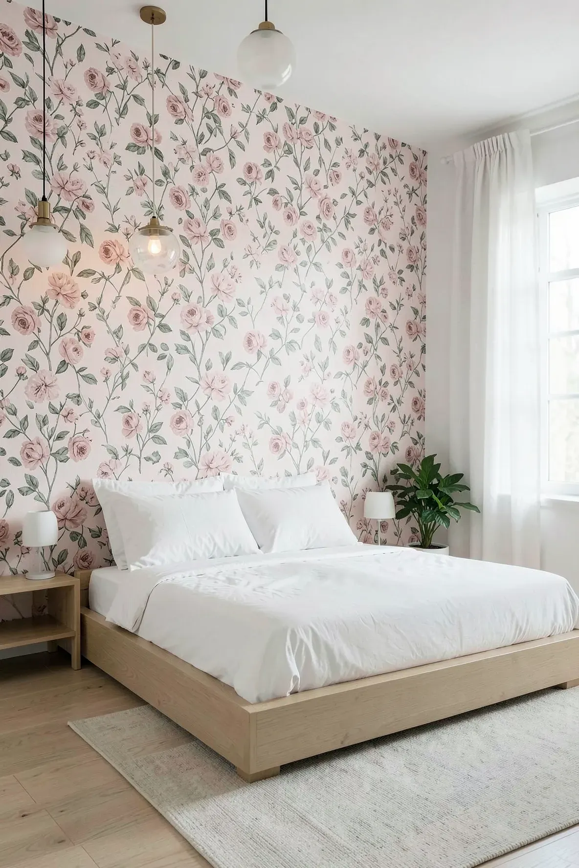 A bedroom featuring a faded pink floral wallpaper accent wall behind a minimalist wooden bed.