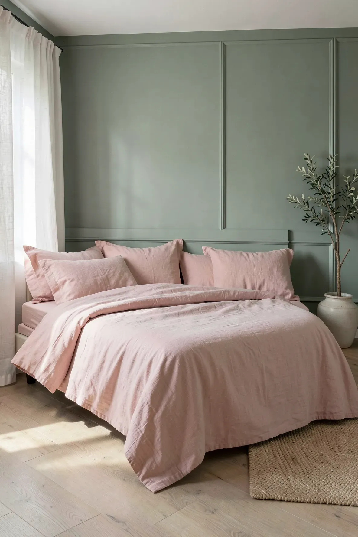 A bedroom with matte sage green walls and a bed dressed in soft blush pink linen bedding.