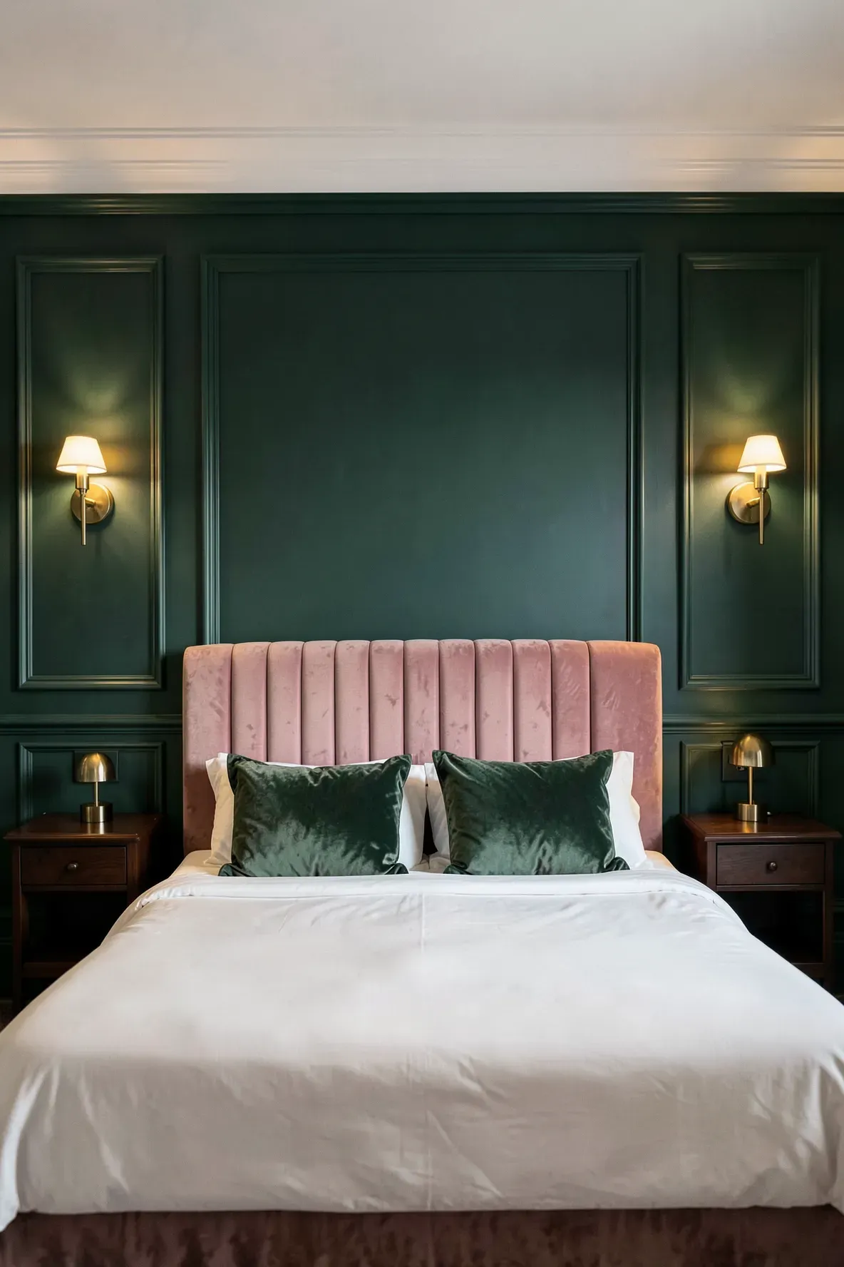 A dusty pink velvet headboard set against dark emerald green wall paneling in a luxury bedroom.
