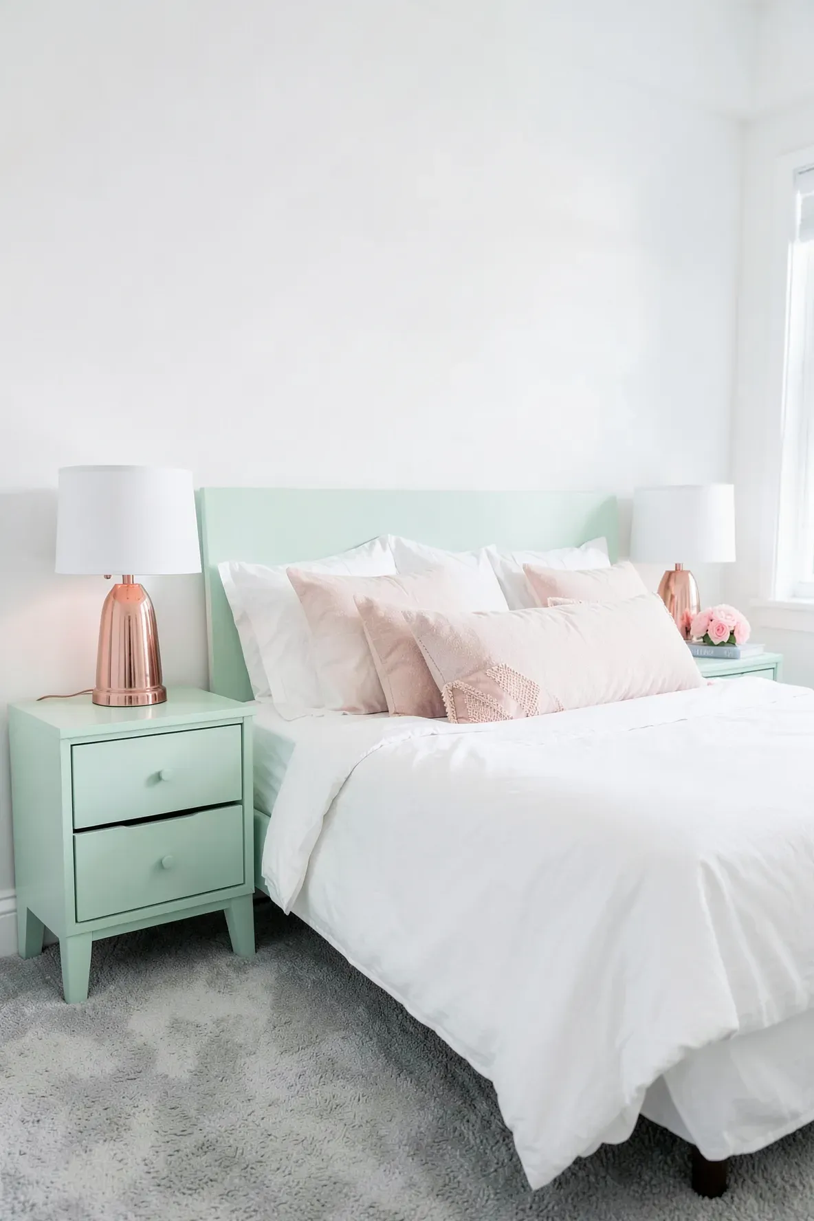 Mint green nightstands with rose gold lamps in a bright white and pink bedroom.
