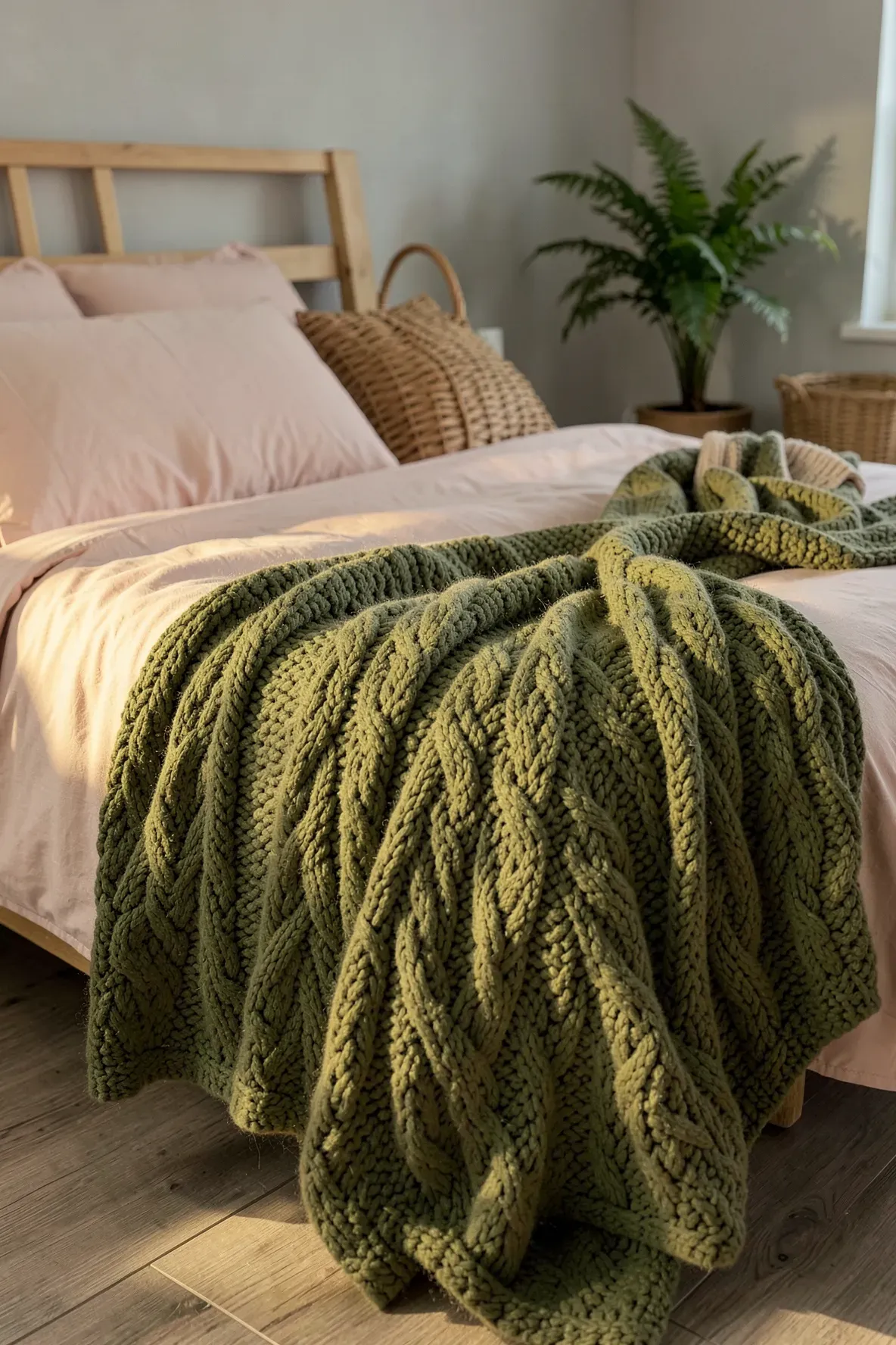 An olive green chunky knit blanket draped over a soft pink duvet on a bed.