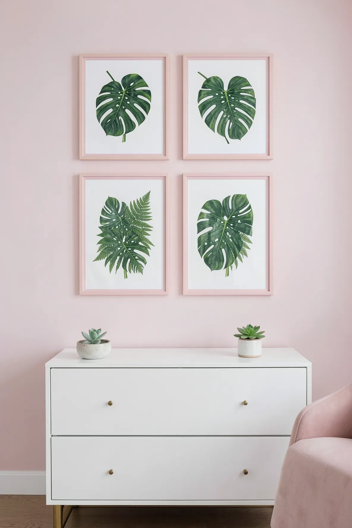 A gallery wall of green botanical leaf prints in pale pink frames above a white dresser.