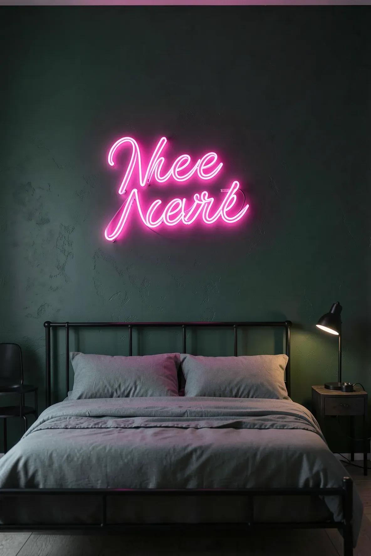 A bright pink neon sign glowing against a dark forest green accent wall in a modern bedroom.