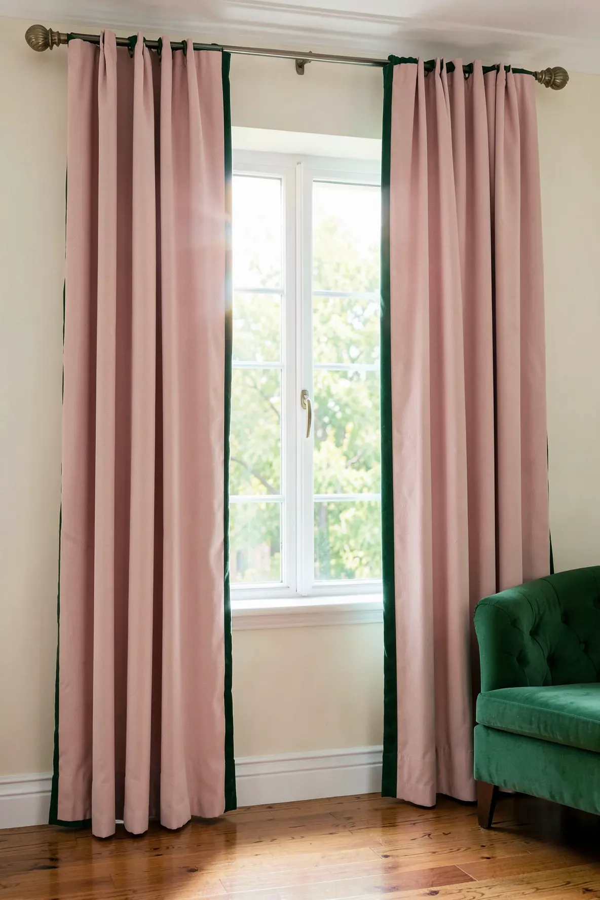 Blush pink curtains with a dark green velvet trim framing a bright bedroom window.