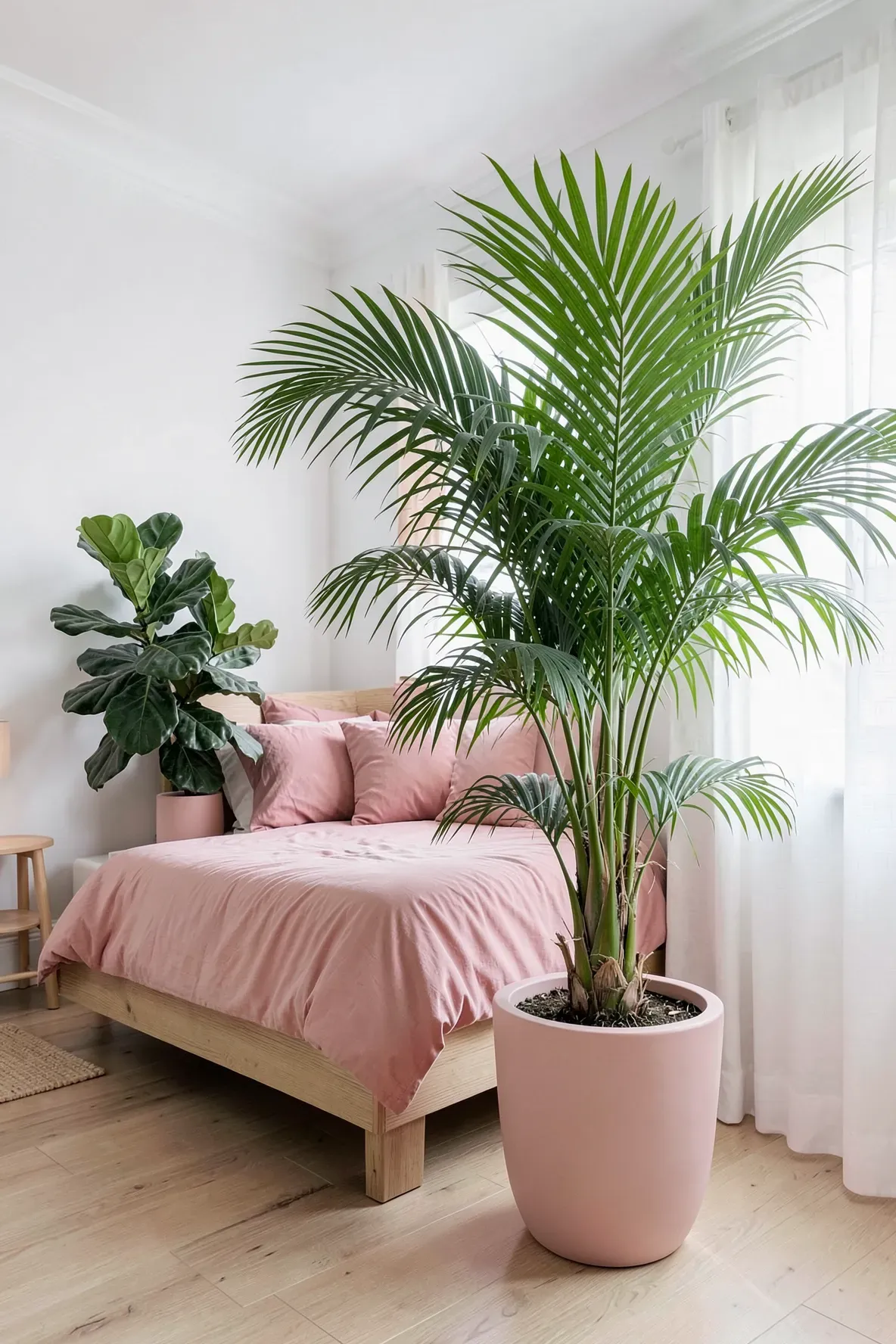 A bright bedroom with large green palms in matte pink pots next to a pink bed.