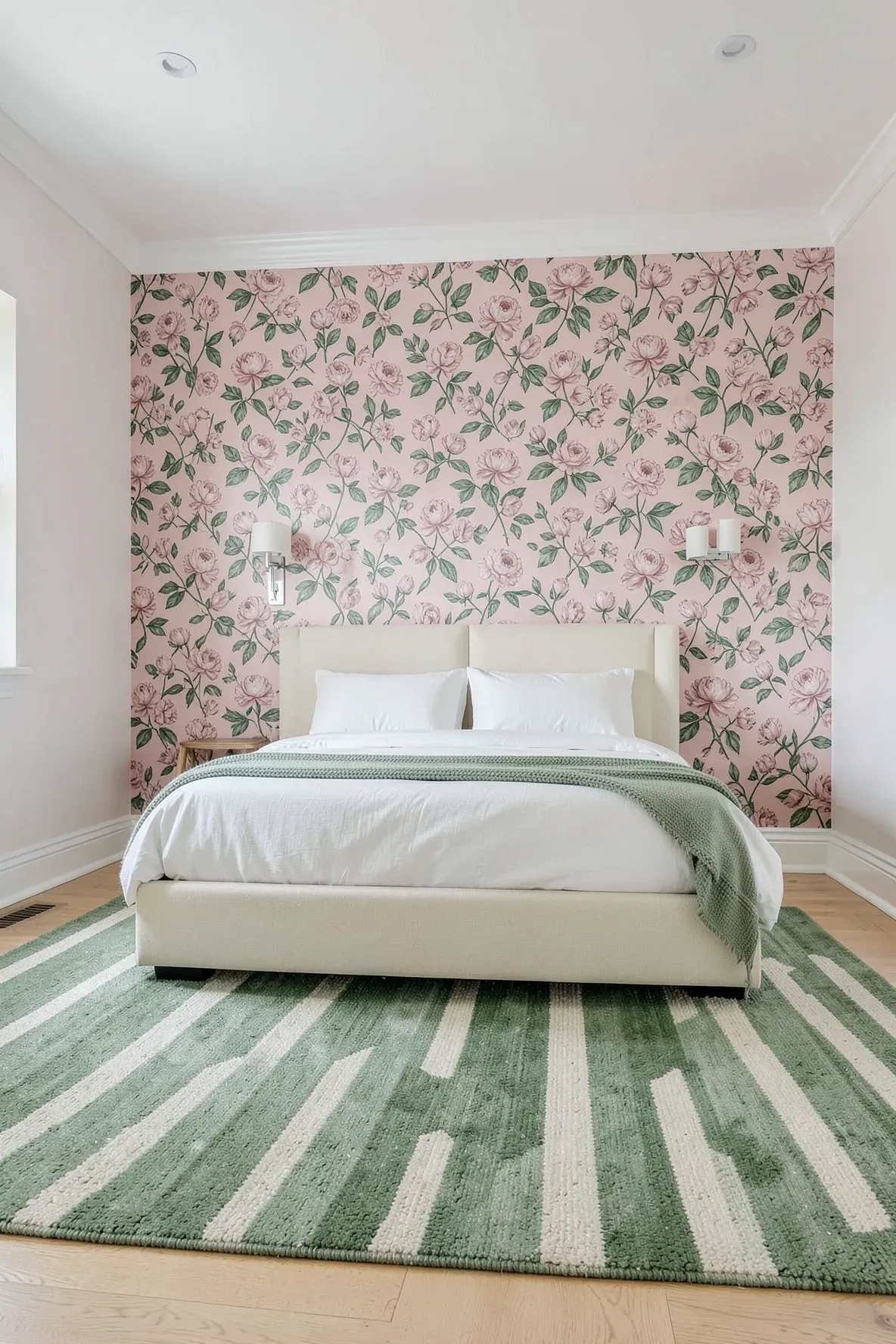Bedroom with pink floral wallpaper and a sage green striped rug under a cream bed.