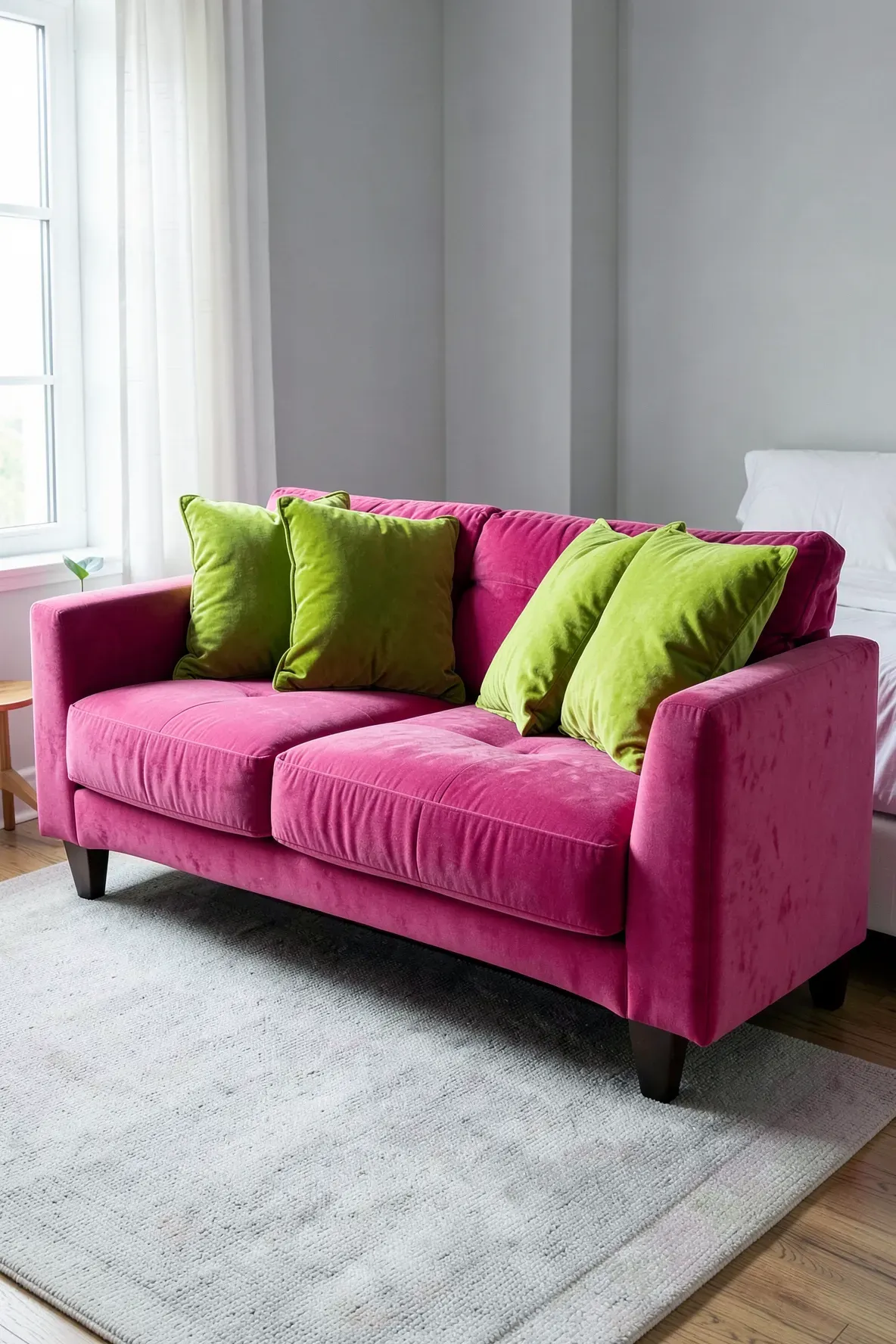 A hot pink velvet sofa with lime green pillows in a bright, modern bedroom.