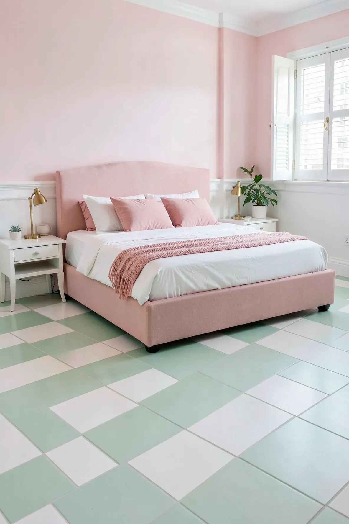 A bedroom with a pale green and white checkerboard floor and a soft pink bed.