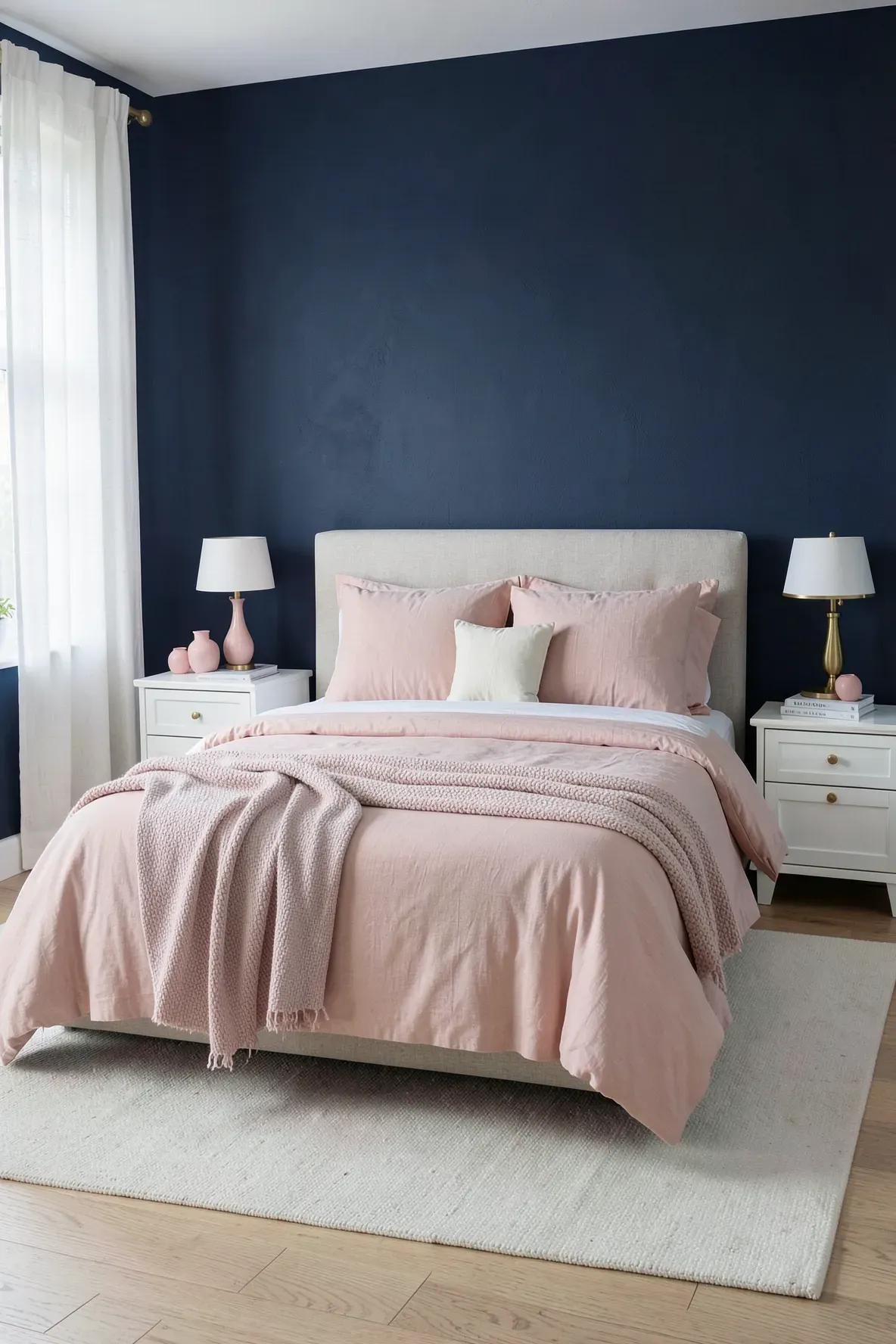 A sophisticated bedroom with a matte navy blue accent wall and soft blush pink linen bedding.