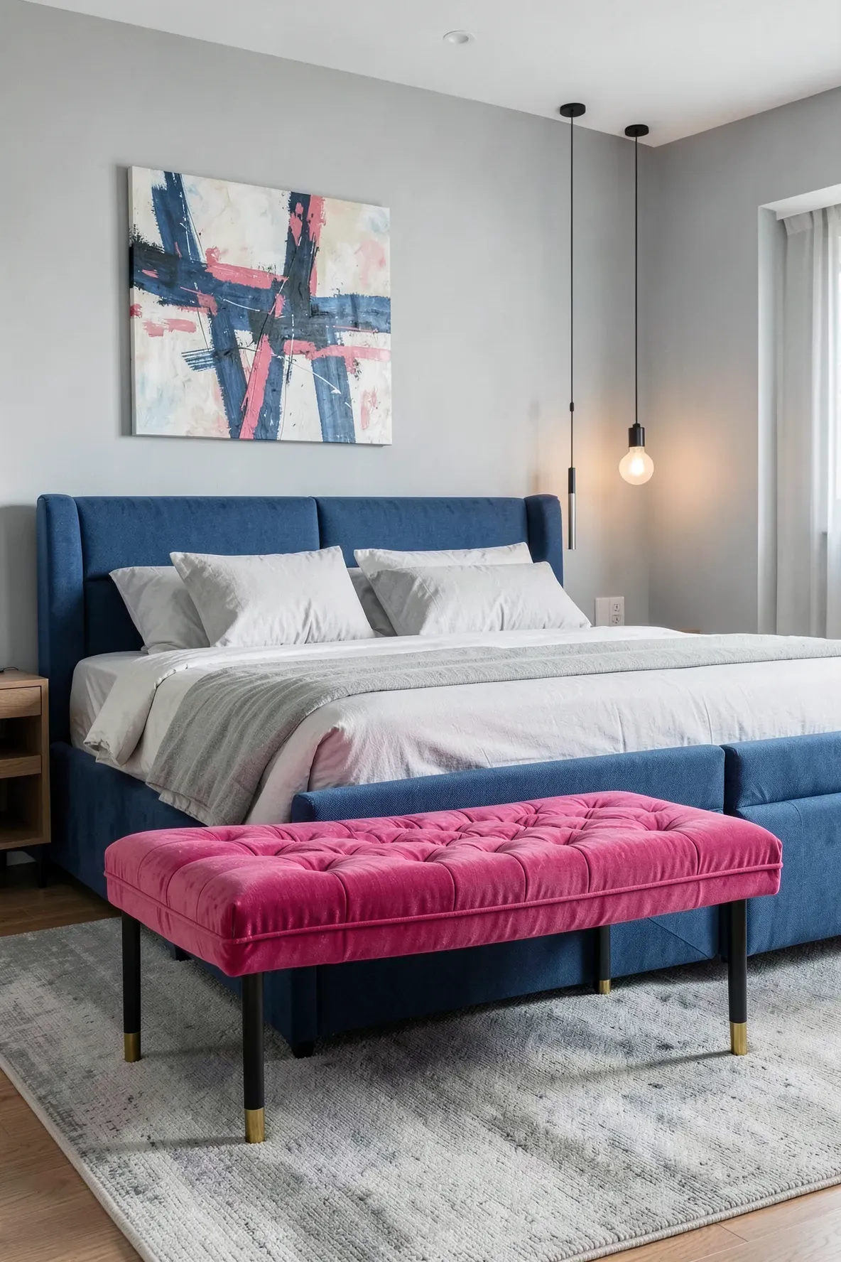 A vibrant hot pink velvet bench sitting at the foot of a stylish blue upholstered bed.